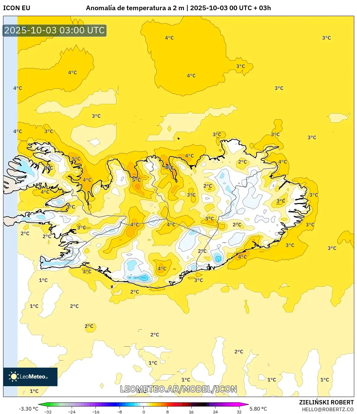 ICON model - Islandia, Anomalía de temperatura a 2 m