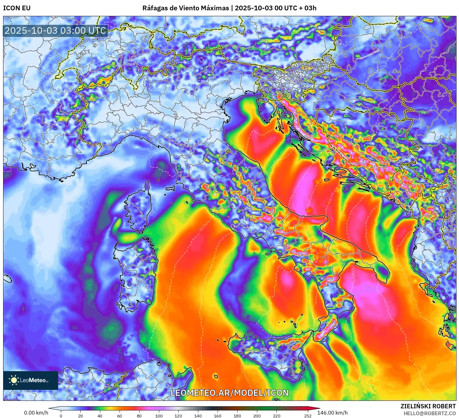 ICON model - Italia, Ráfagas de Viento Máximas