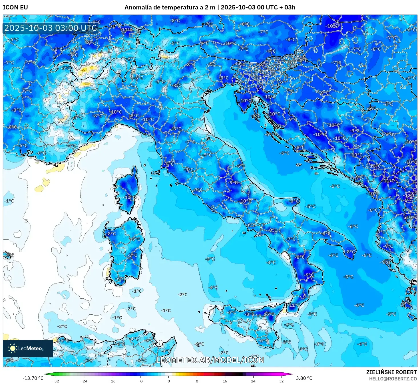 ICON model - Italia, Anomalía de temperatura a 2 m