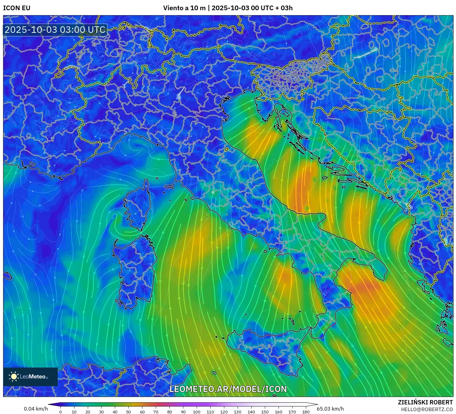 ICON model - Italia, Viento a 10 m