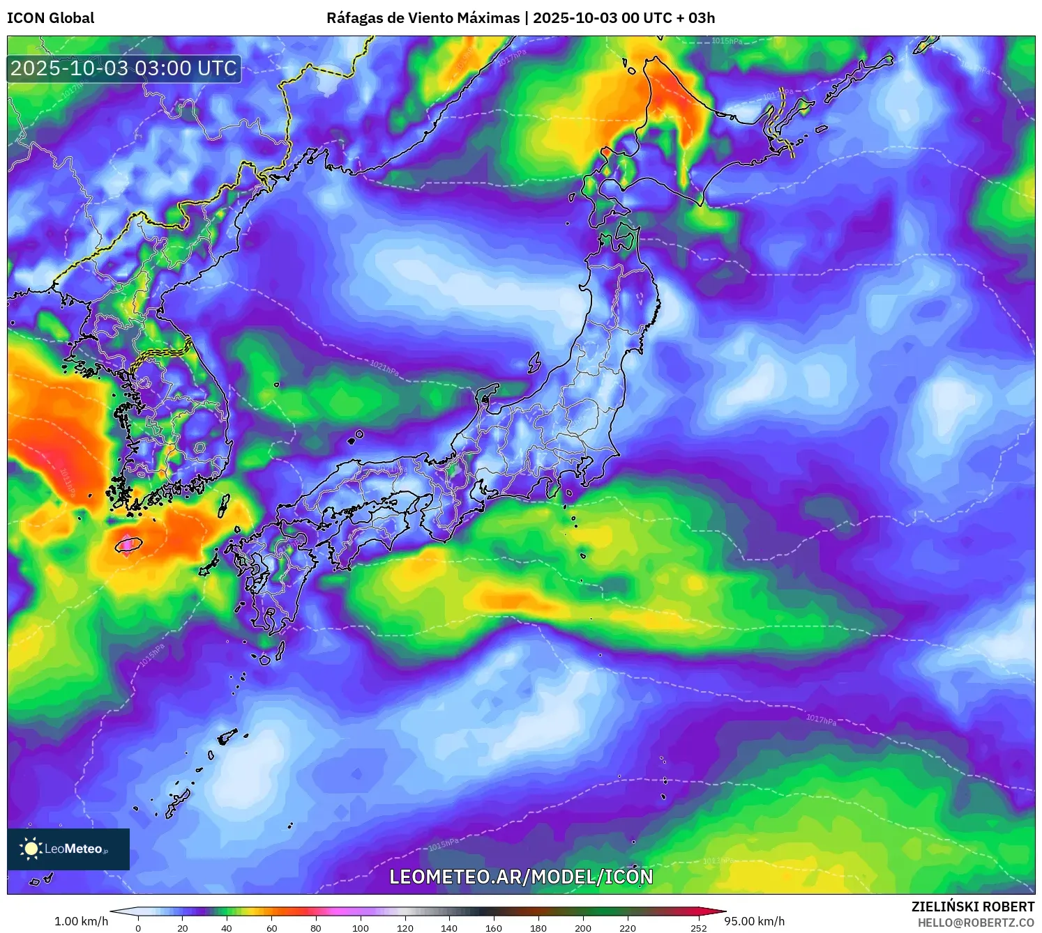 ICON model - Japón, Ráfagas de Viento Máximas