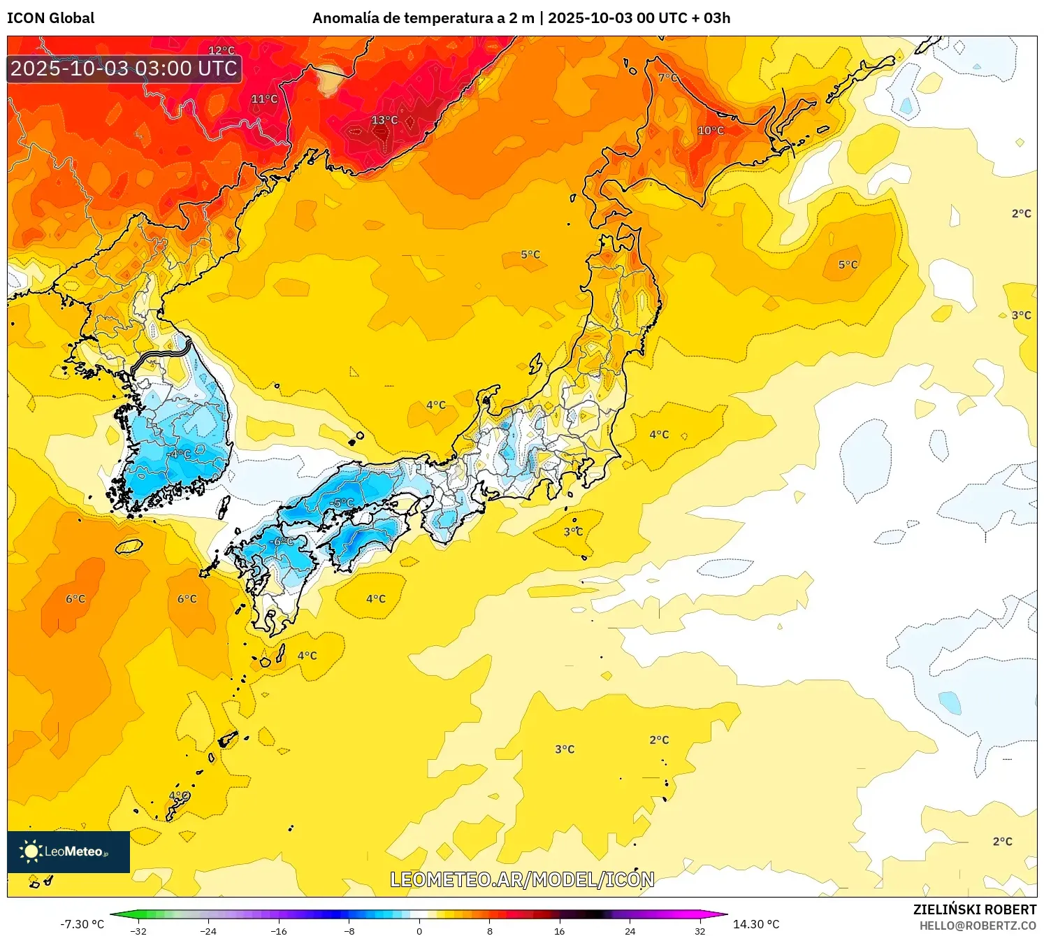 ICON model - Japón, Anomalía de temperatura a 2 m