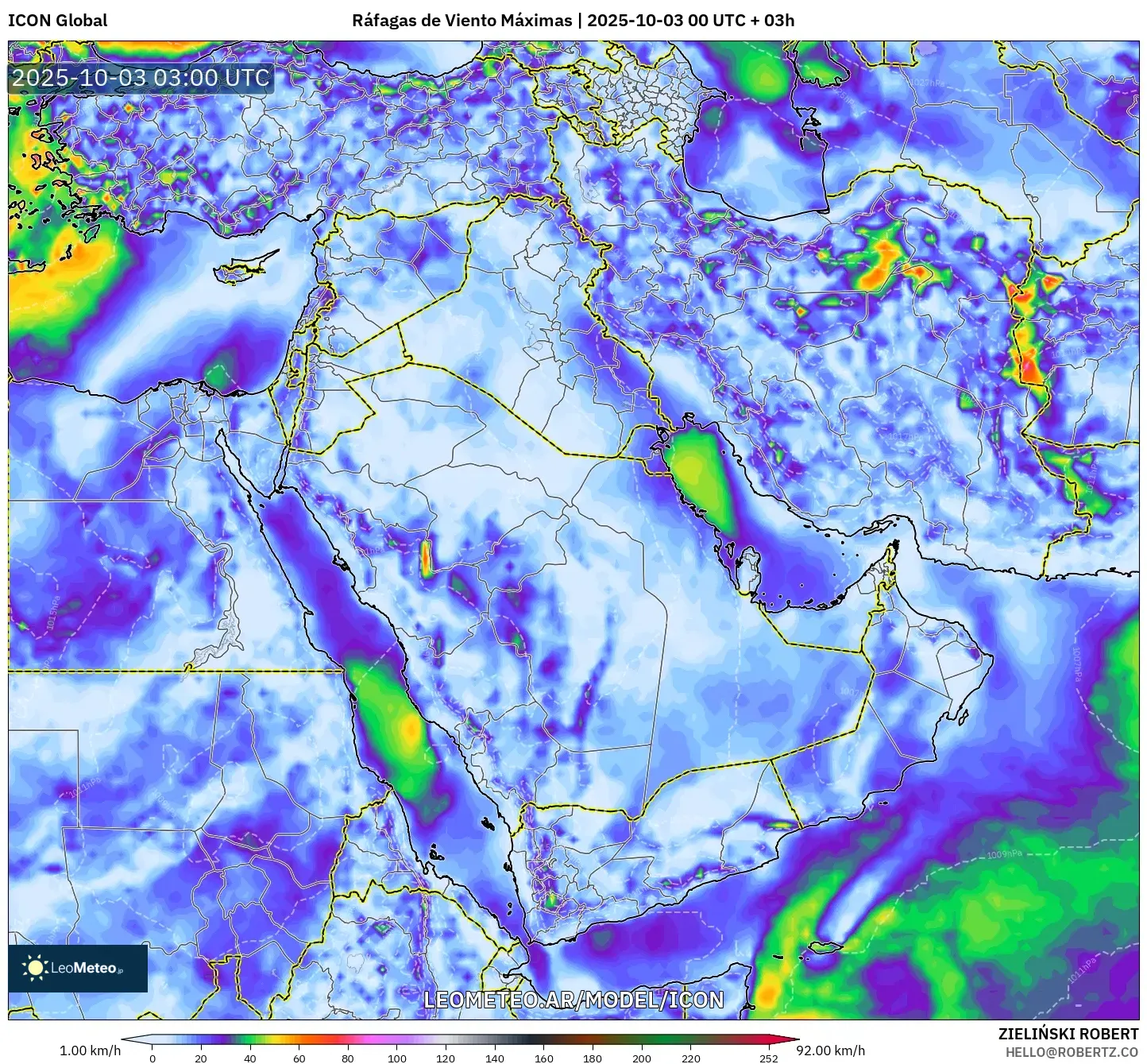ICON model - Oriente Medio, Ráfagas de Viento Máximas