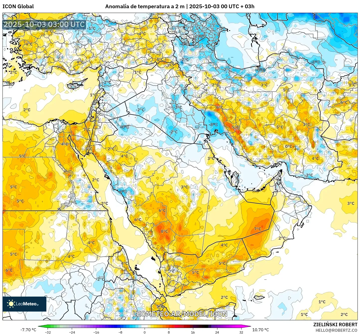 ICON model - Oriente Medio, Anomalía de temperatura a 2 m