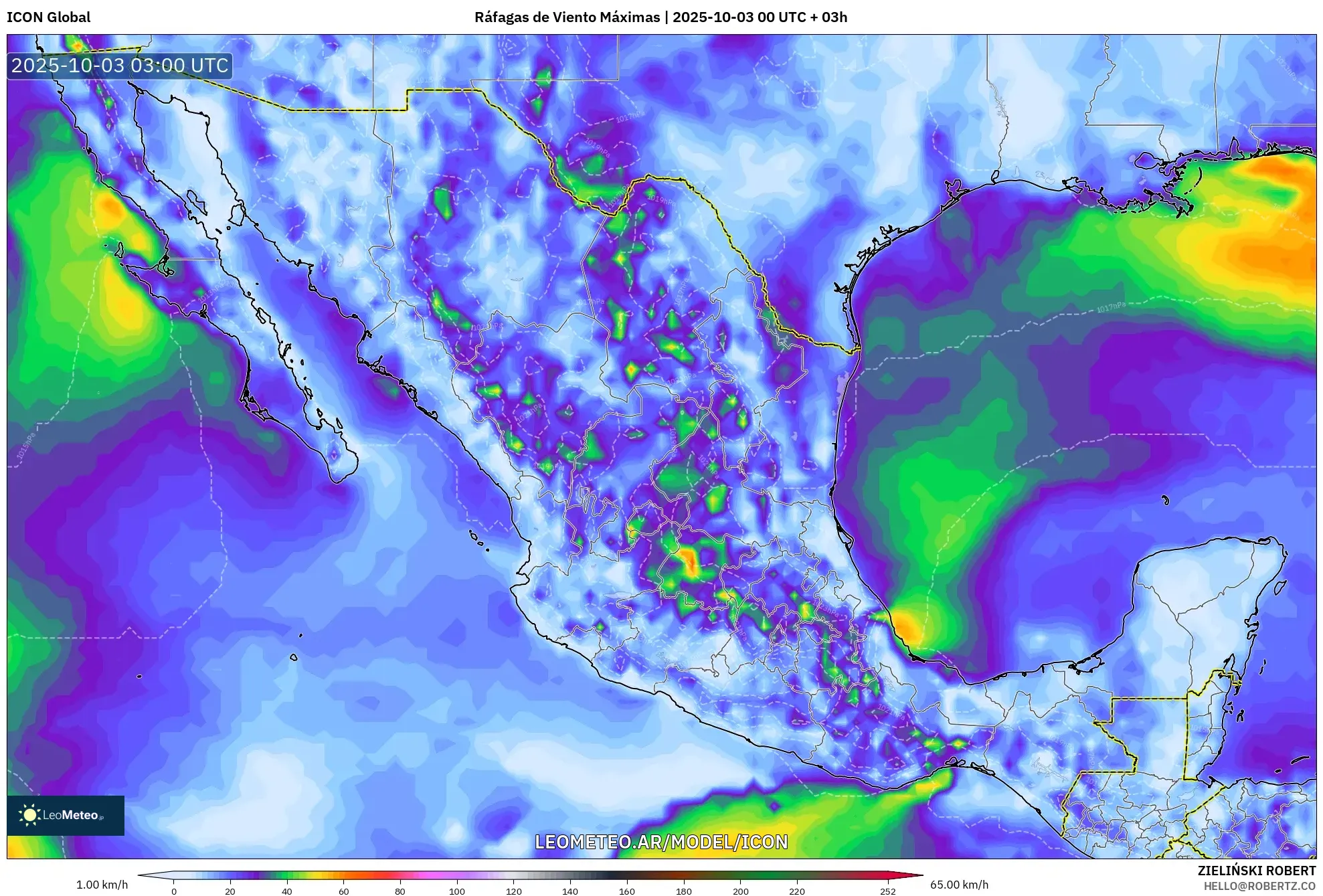ICON model - México, Ráfagas de Viento Máximas ICON model - México, Ráfagas de Viento Máximas