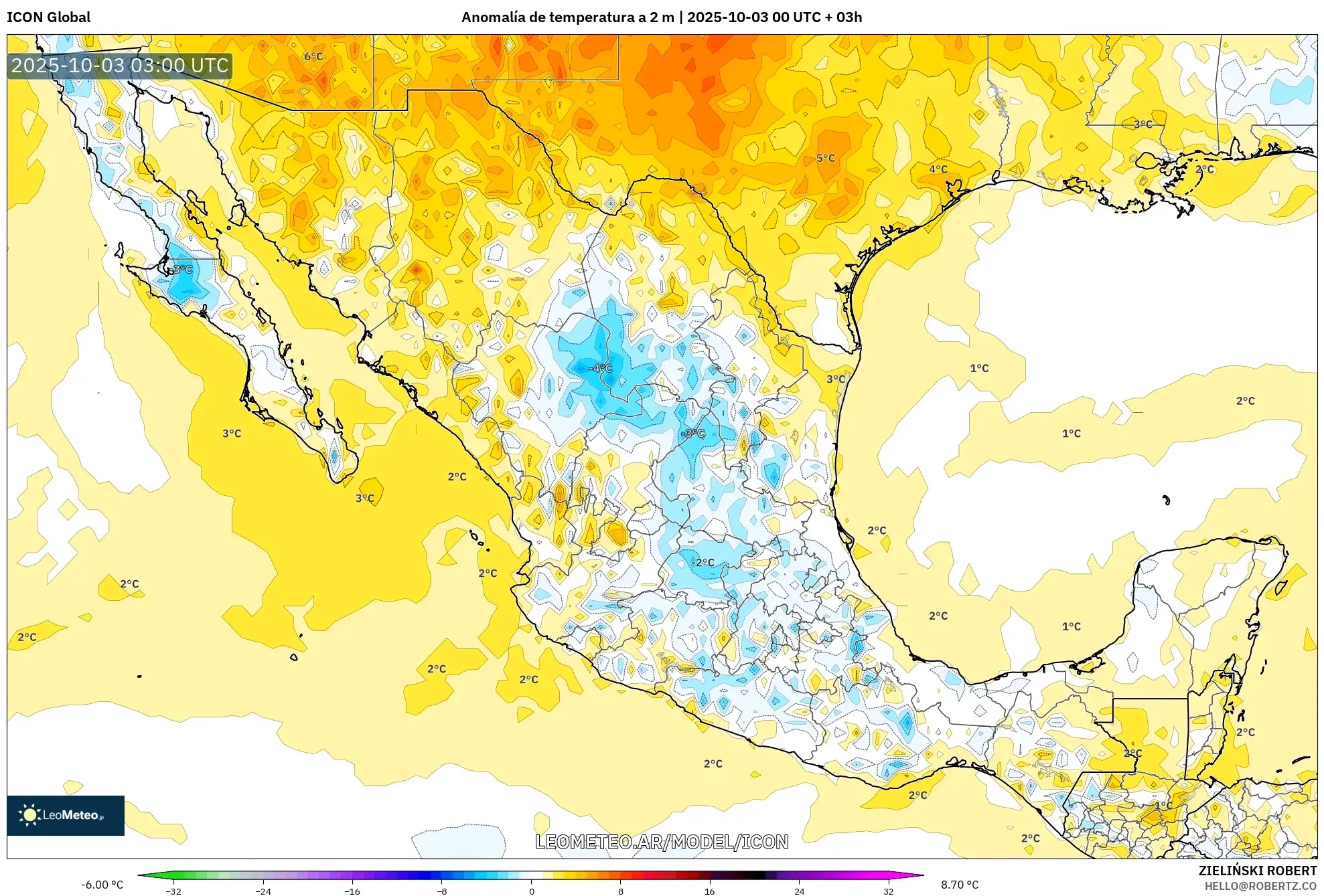 ICON model - México, Anomalía de temperatura a 2 m