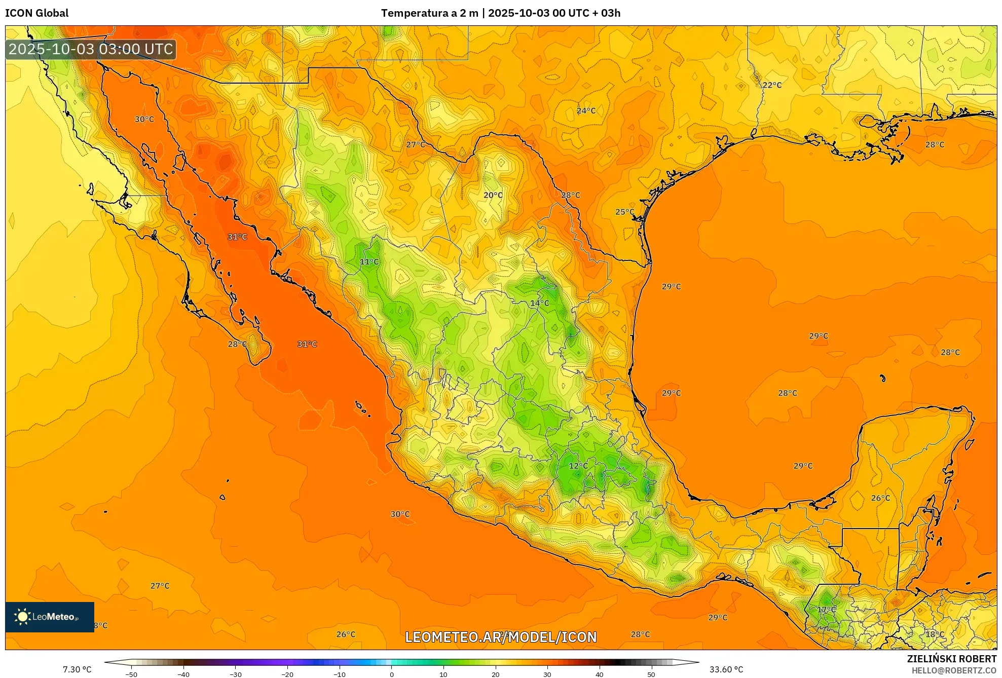 ICON model - México, Temperatura a 2 m