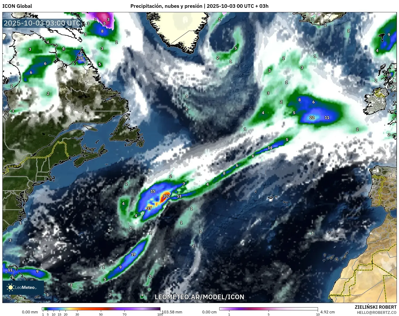 ICON model - Norte Atlántico, Precipitación, nubes y presión