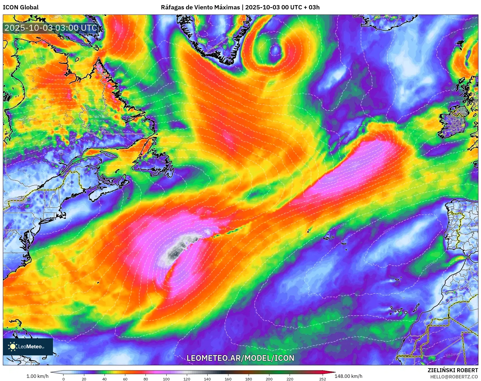 ICON model - Norte Atlántico, Ráfagas de Viento Máximas