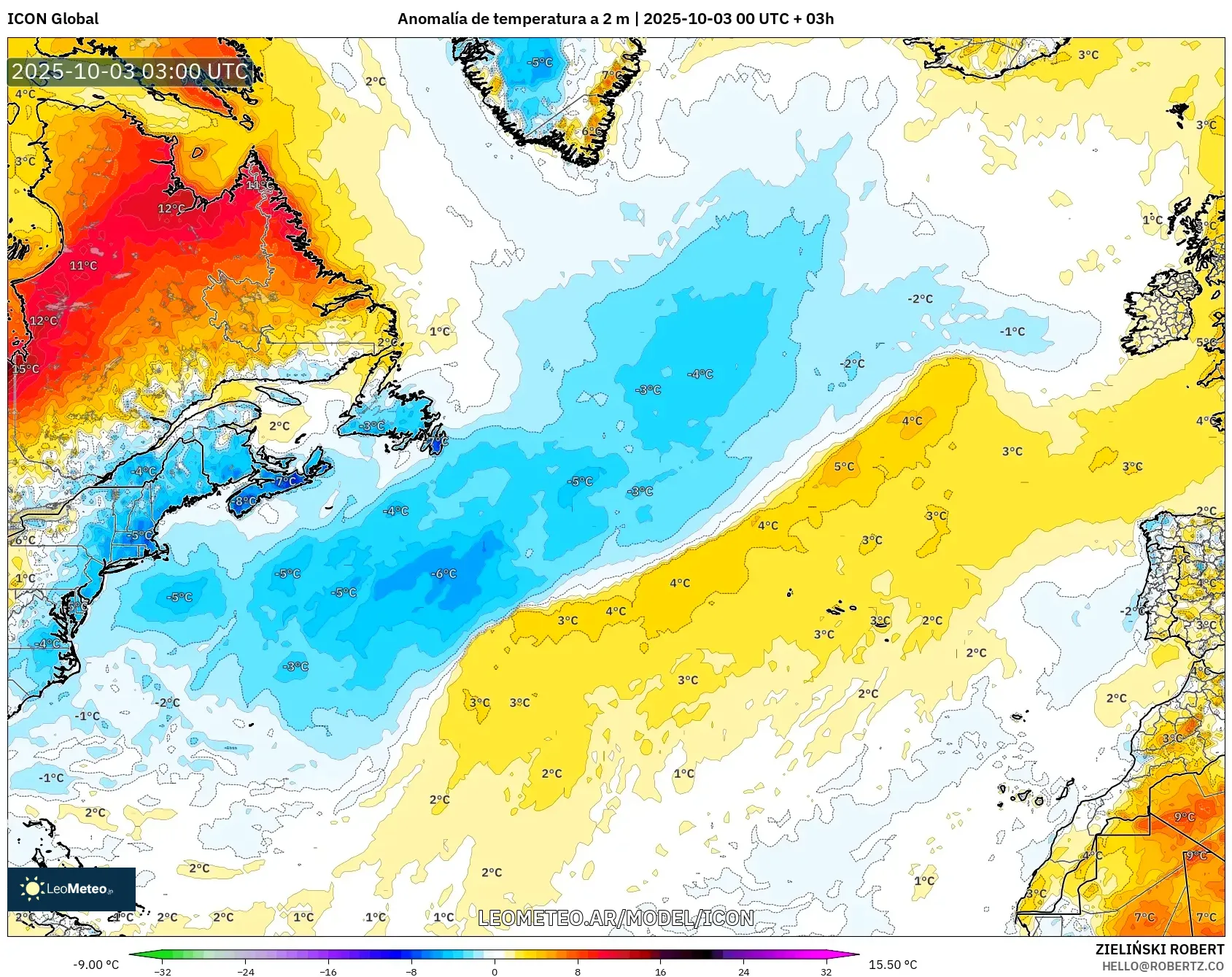 ICON model - Norte Atlántico, Anomalía de temperatura a 2 m