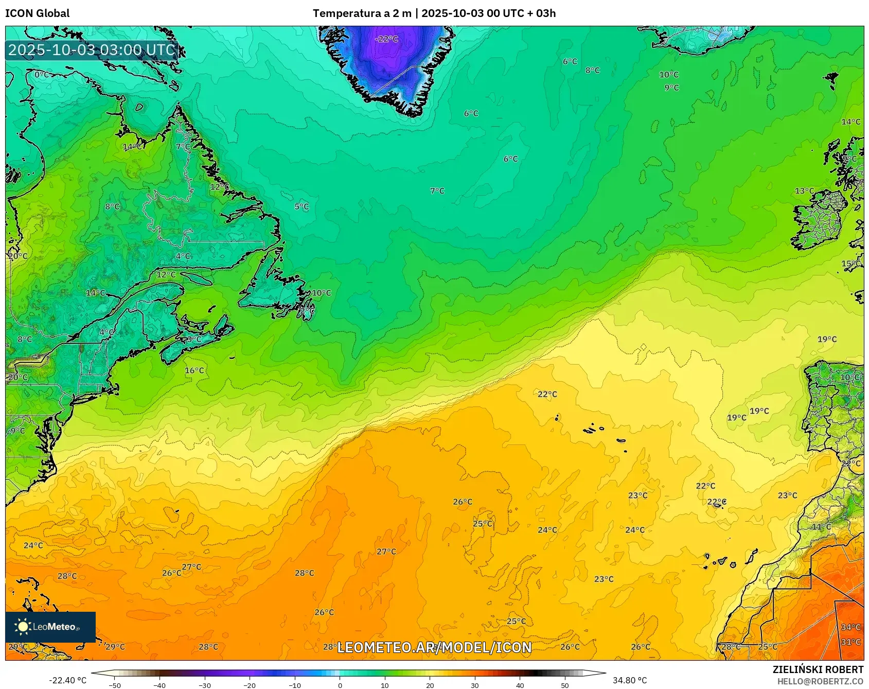 ICON model - Norte Atlántico, Temperatura a 2 m