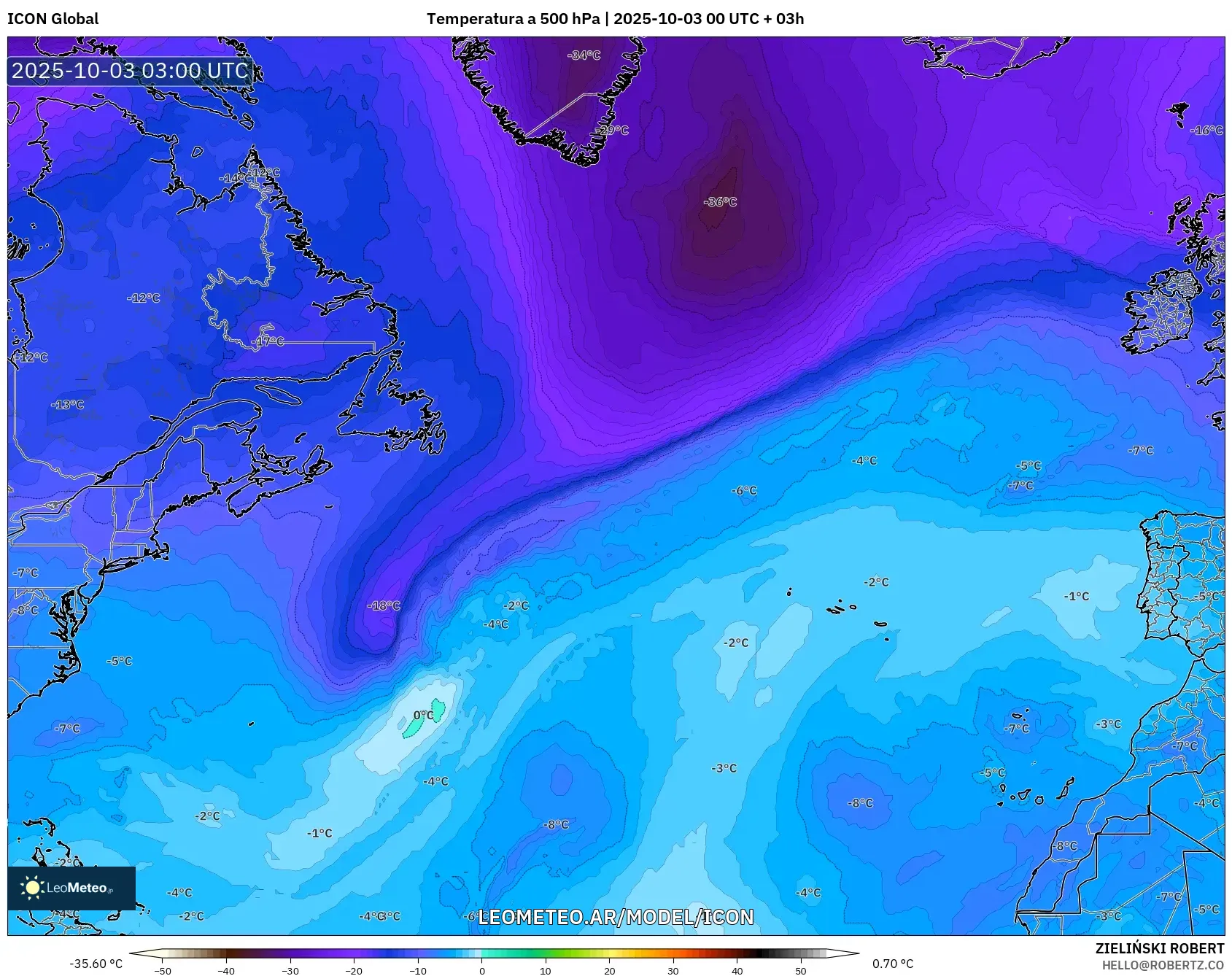 ICON model - Norte Atlántico, Temperatura a 500 hPa