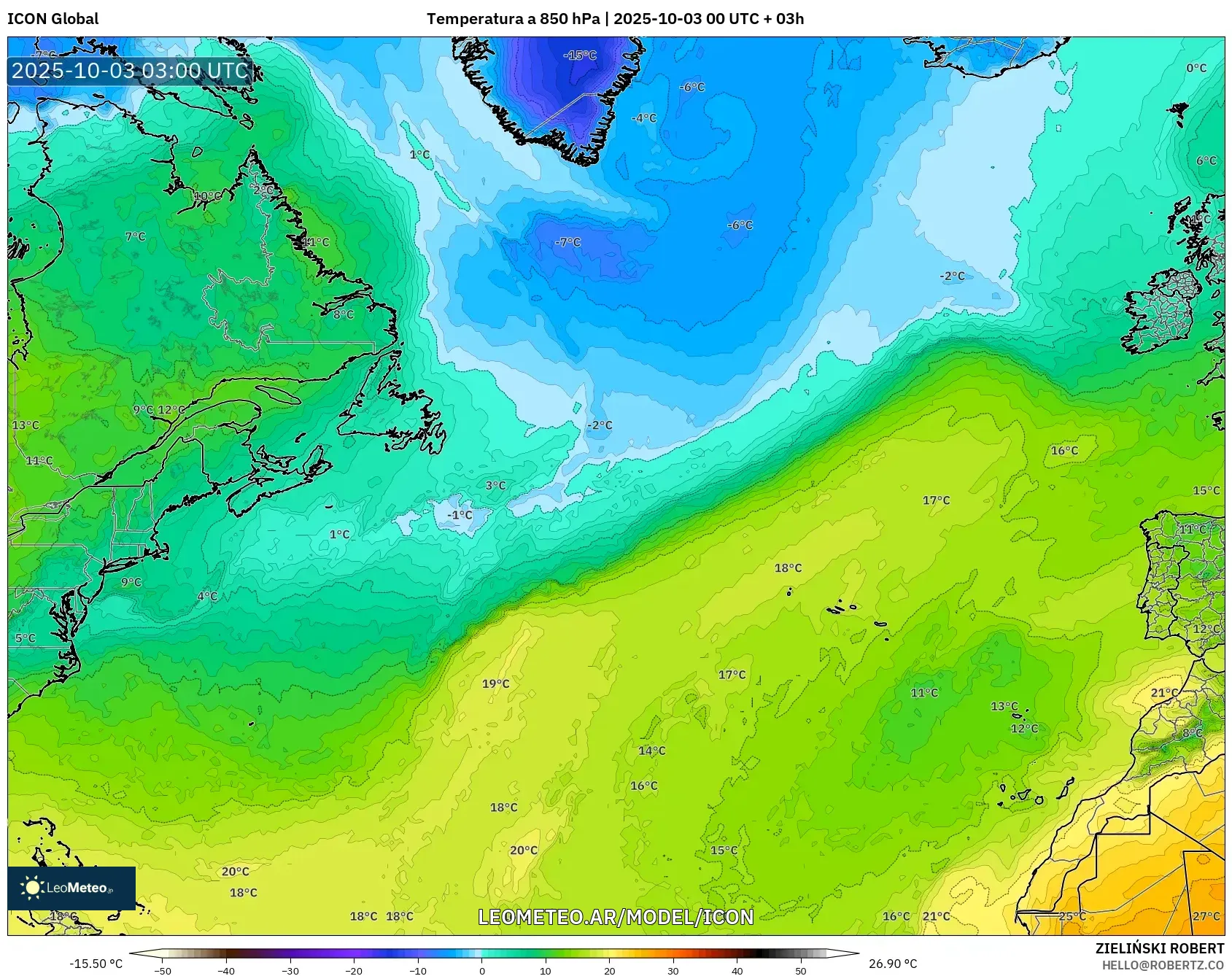 ICON model - Norte Atlántico, Temperatura a 850 hPa