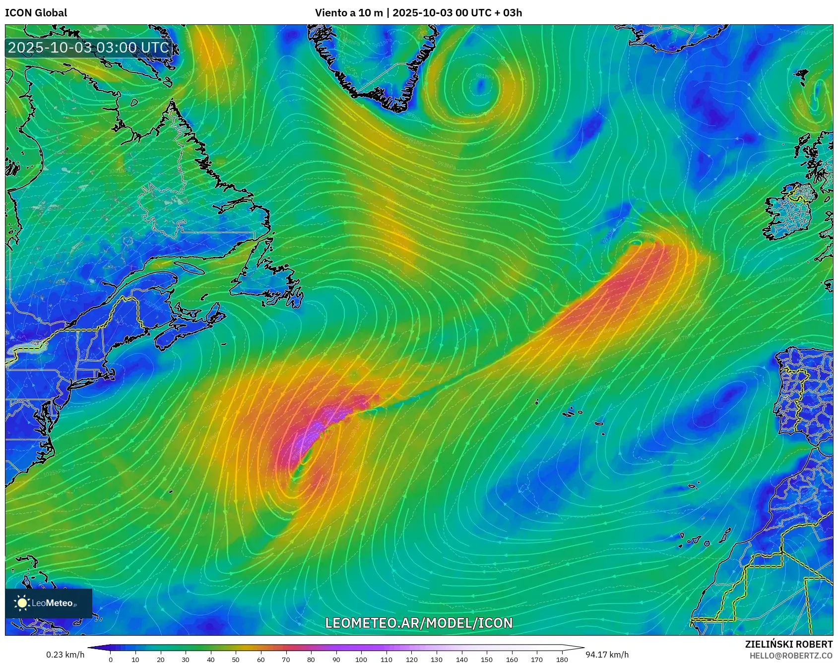 ICON model - Norte Atlántico, Viento a 10 m