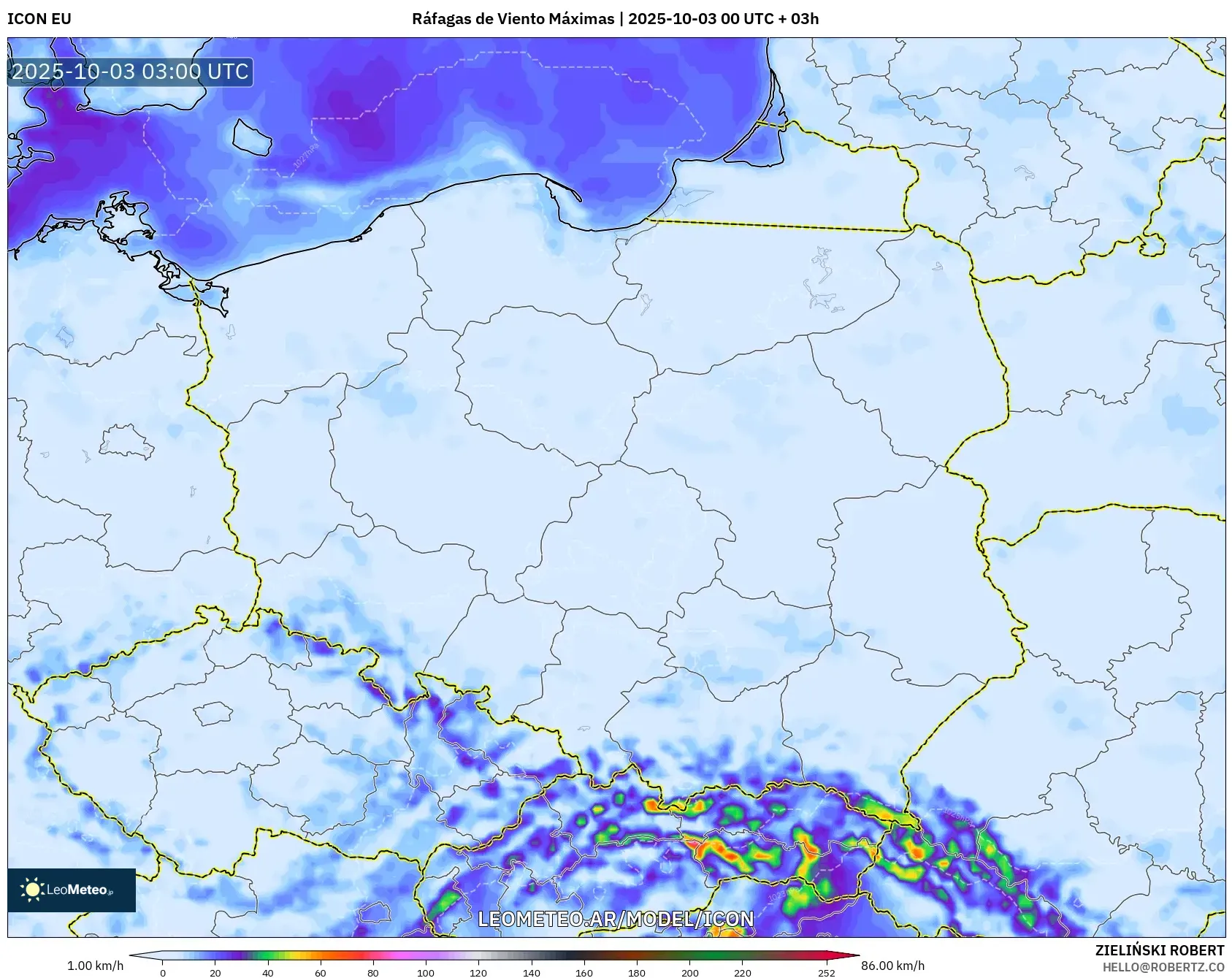 ICON model - Polonia, Ráfagas de Viento Máximas
