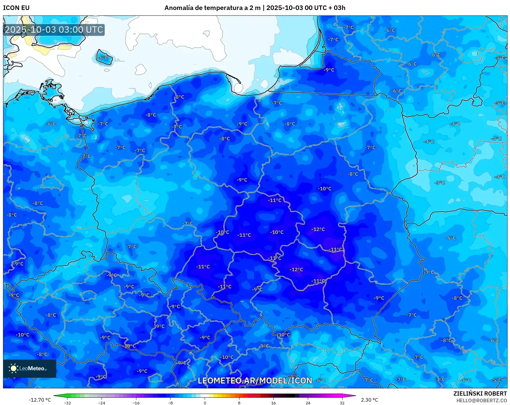 ICON model - Polonia, Anomalía de temperatura a 2 m