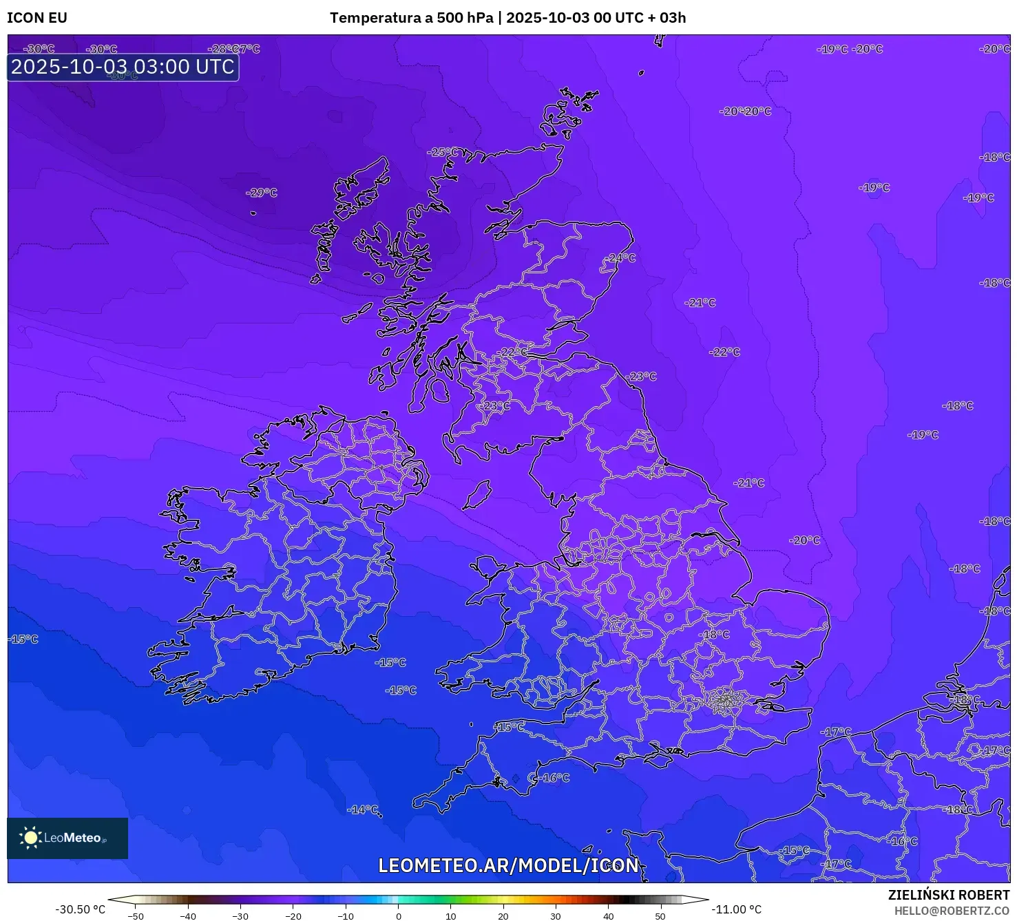 ICON model - Reino Unido, Temperatura a 500 hPa
