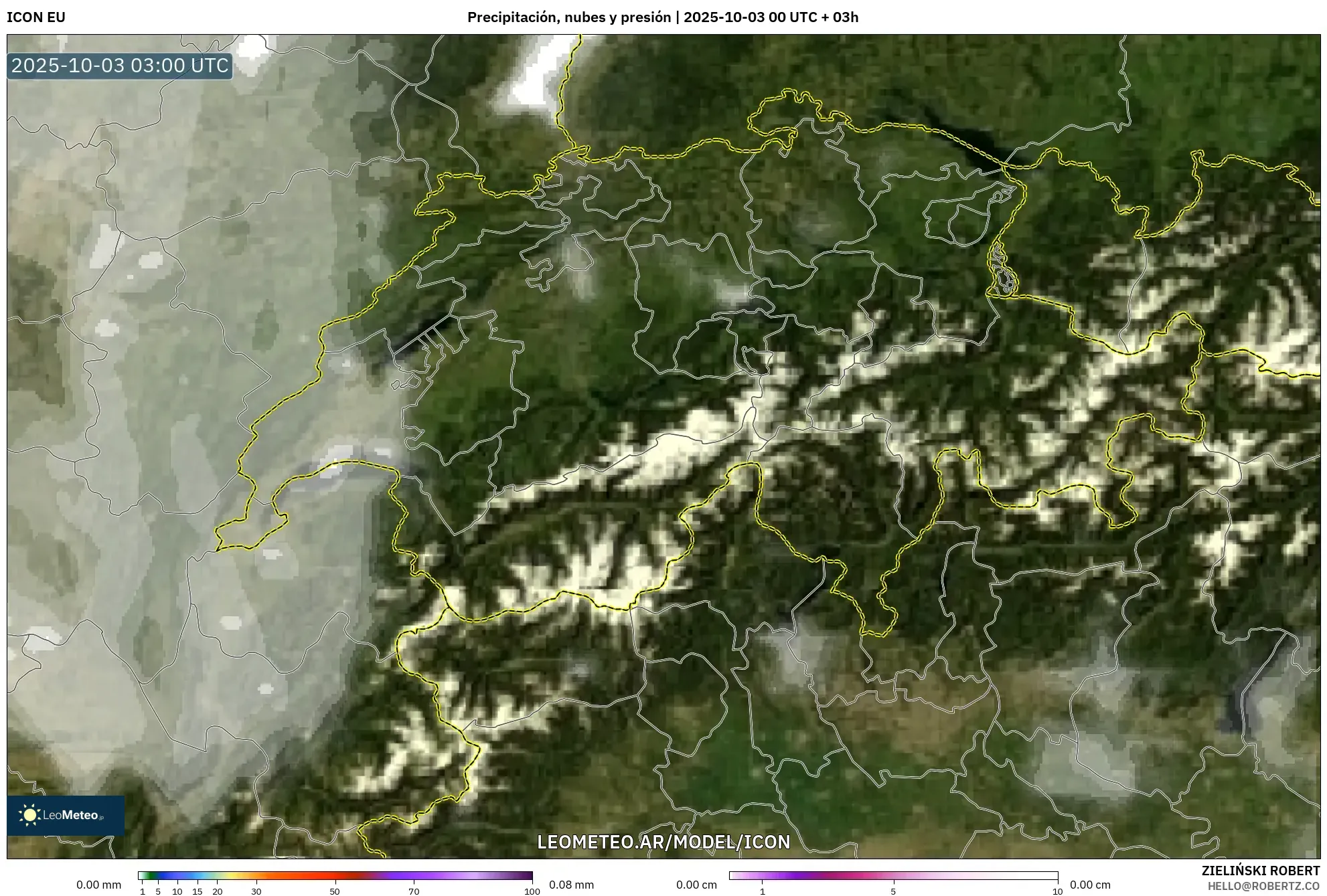 ICON model - Suiza, Precipitación, nubes y presión ICON model - Suiza, Precipitación, nubes y presión
