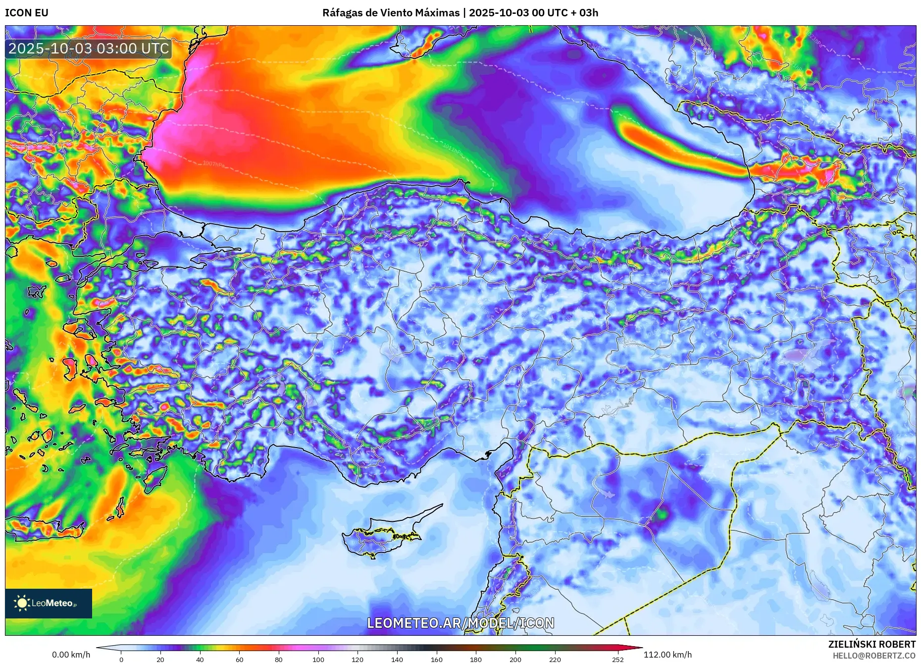 ICON model - Turquía, Ráfagas de Viento Máximas