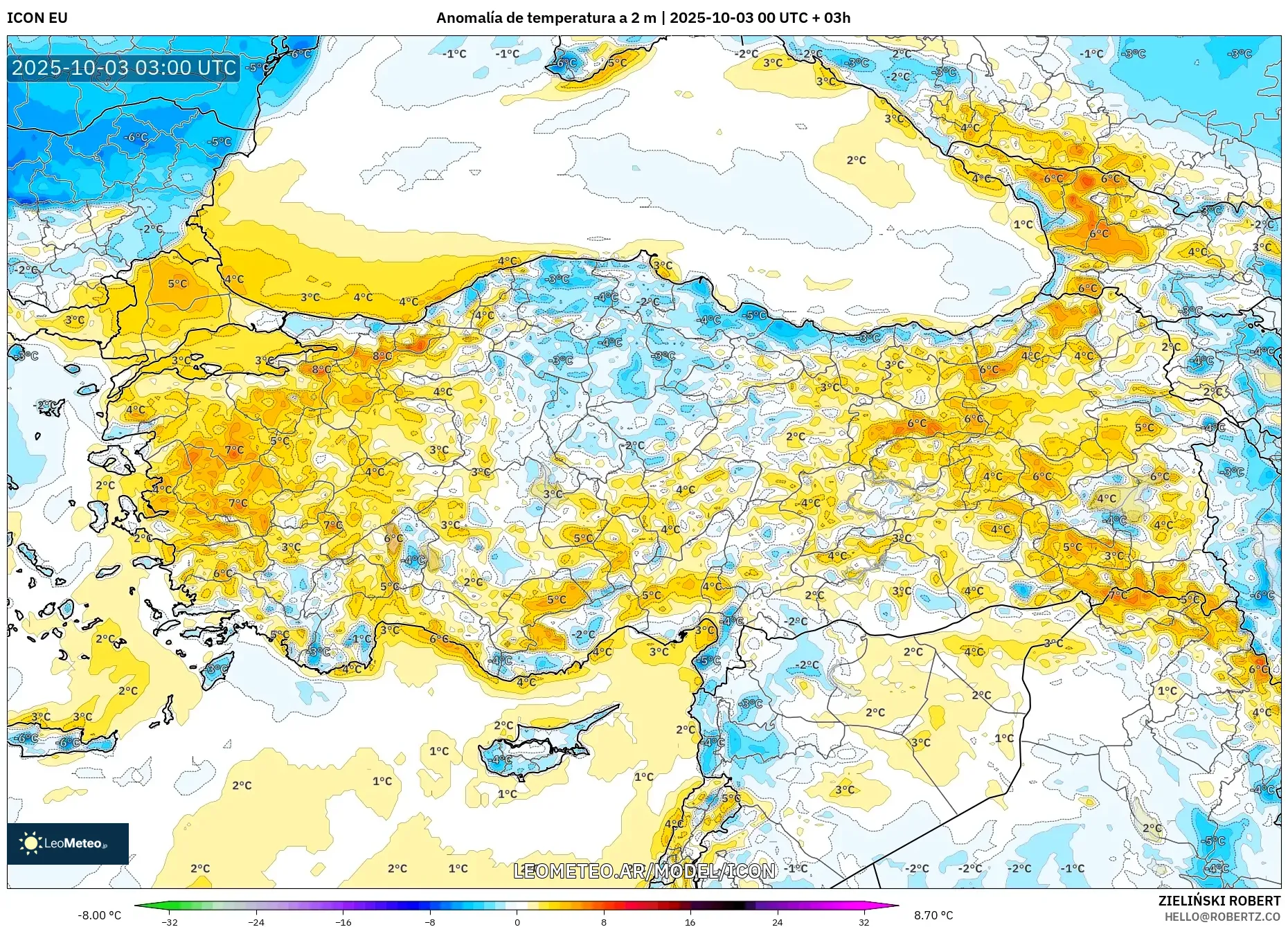 ICON model - Turquía, Anomalía de temperatura a 2 m