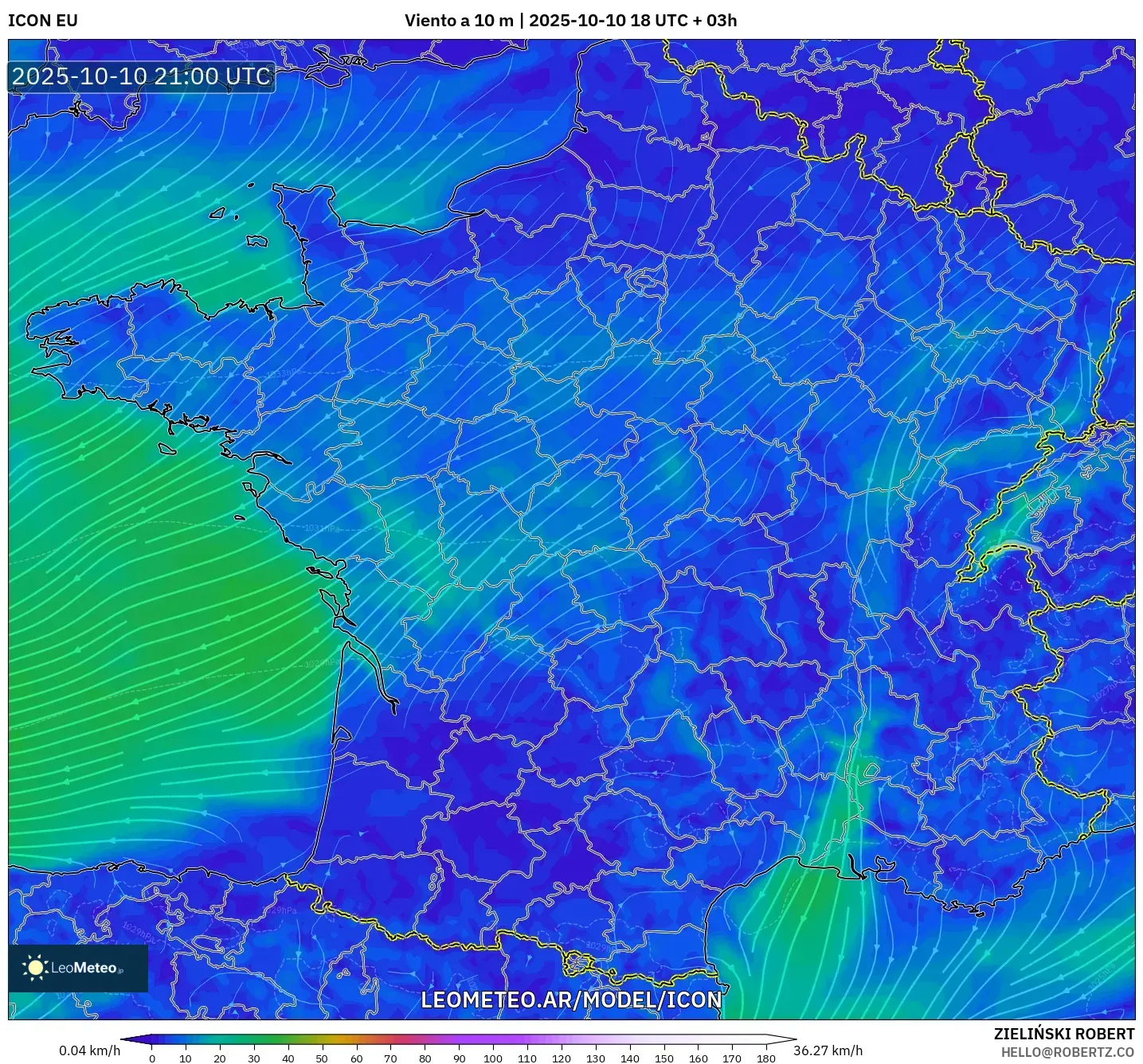ICON model - Francia, Viento a 10 m ICON model - Francia, Viento a 10 m
