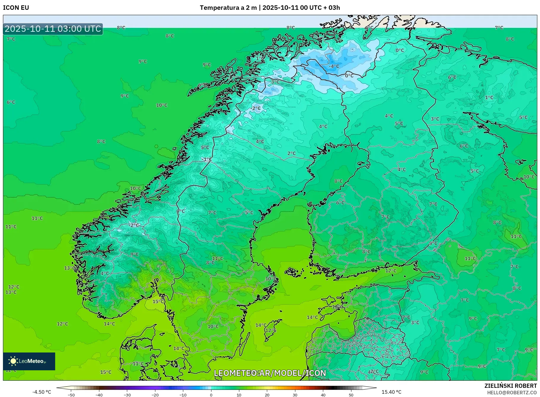 ICON model - Escandinavia, Temperatura a 2 m ICON model - Escandinavia, Temperatura a 2 m