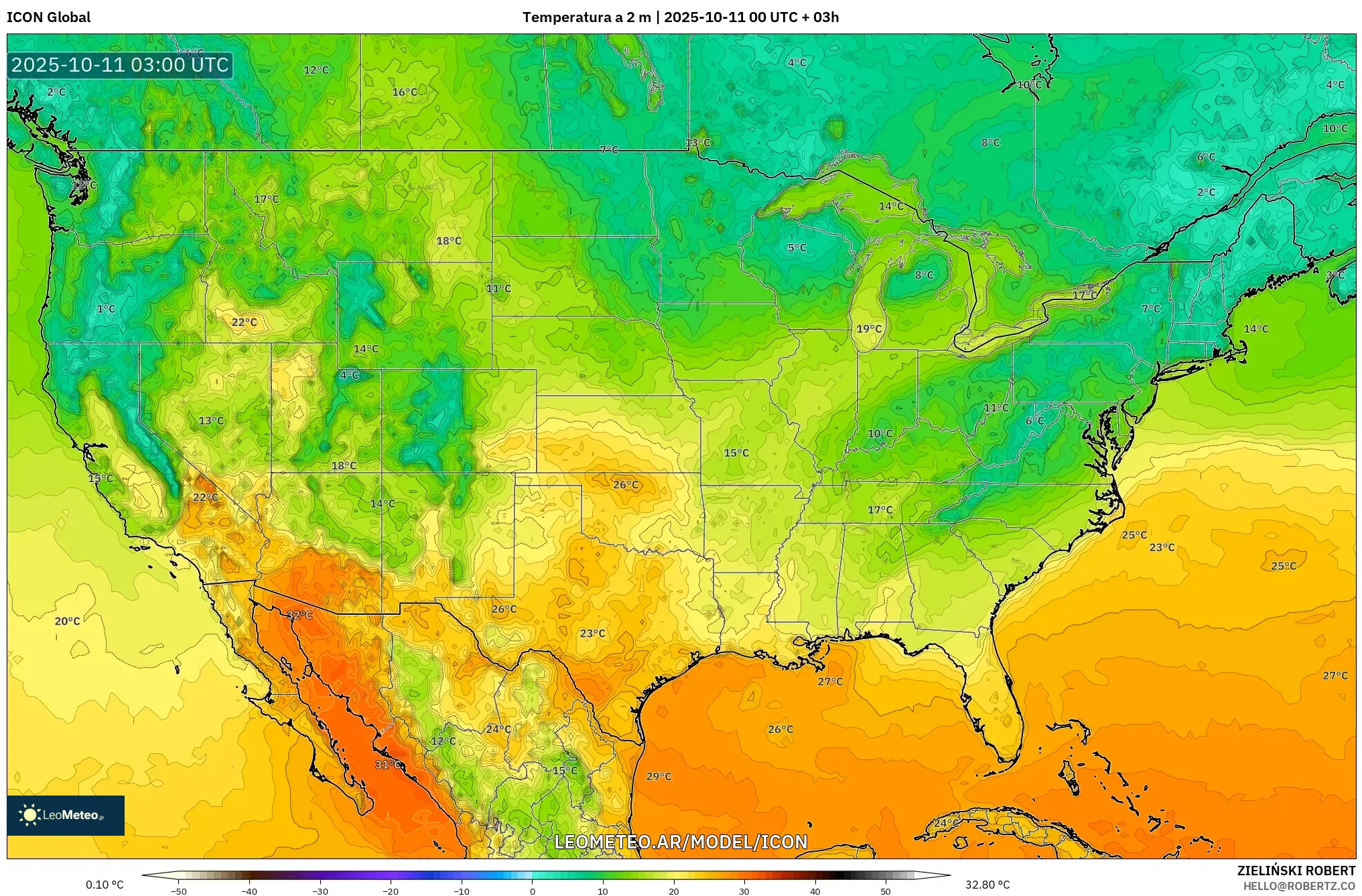 ICON model - Estados Unidos, Temperatura a 2 m ICON model - Estados Unidos, Temperatura a 2 m