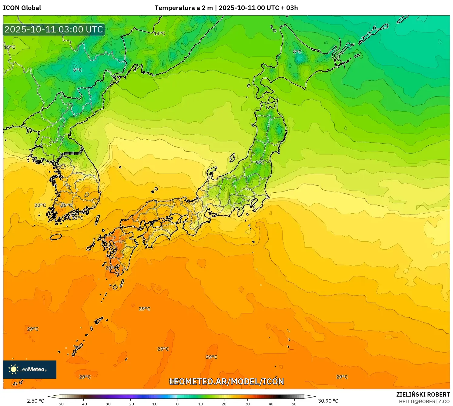 ICON model - Japón, Temperatura a 2 m ICON model - Japón, Temperatura a 2 m
