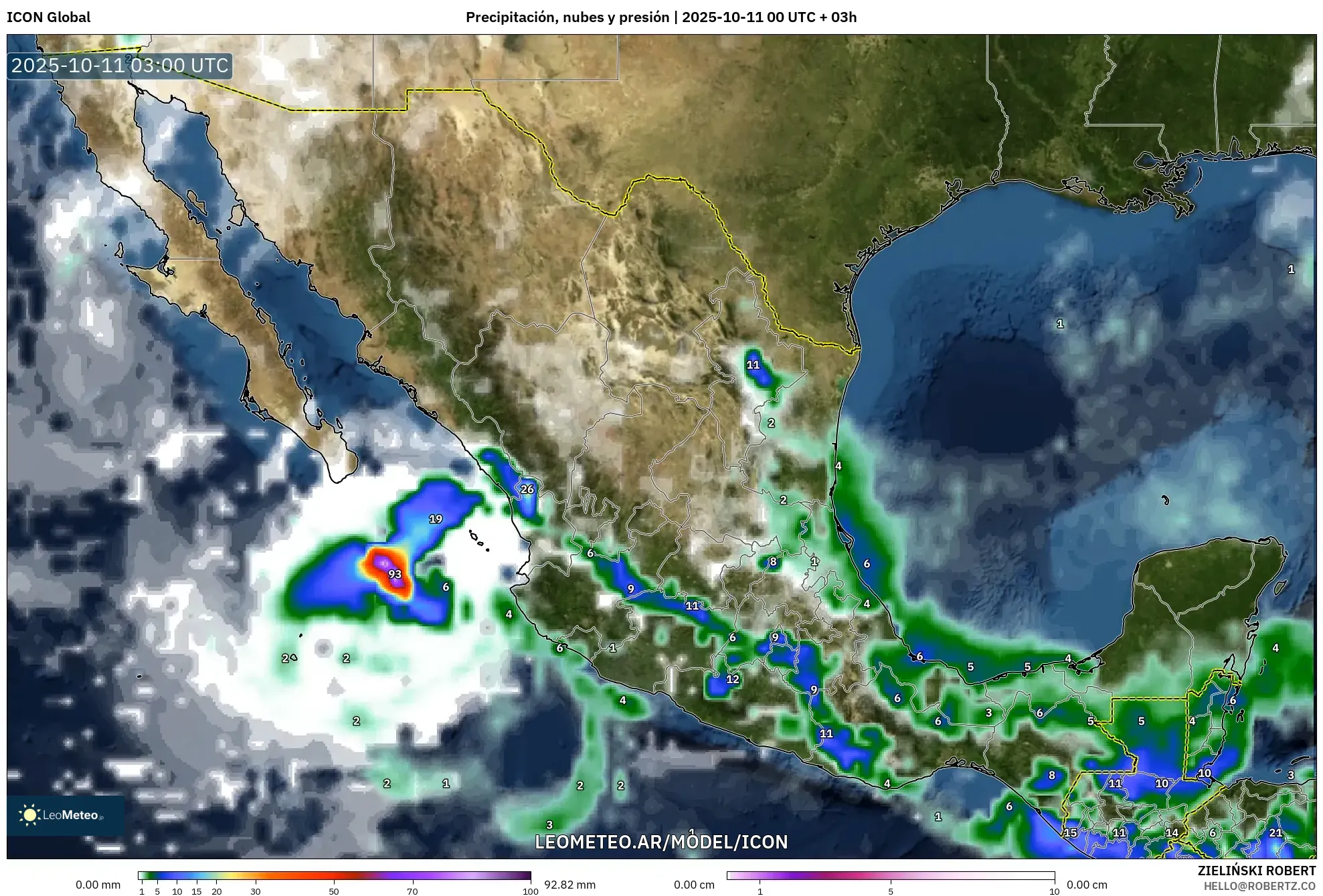 ICON model - México, Precipitación, nubes y presión ICON model - México, Precipitación, nubes y presión