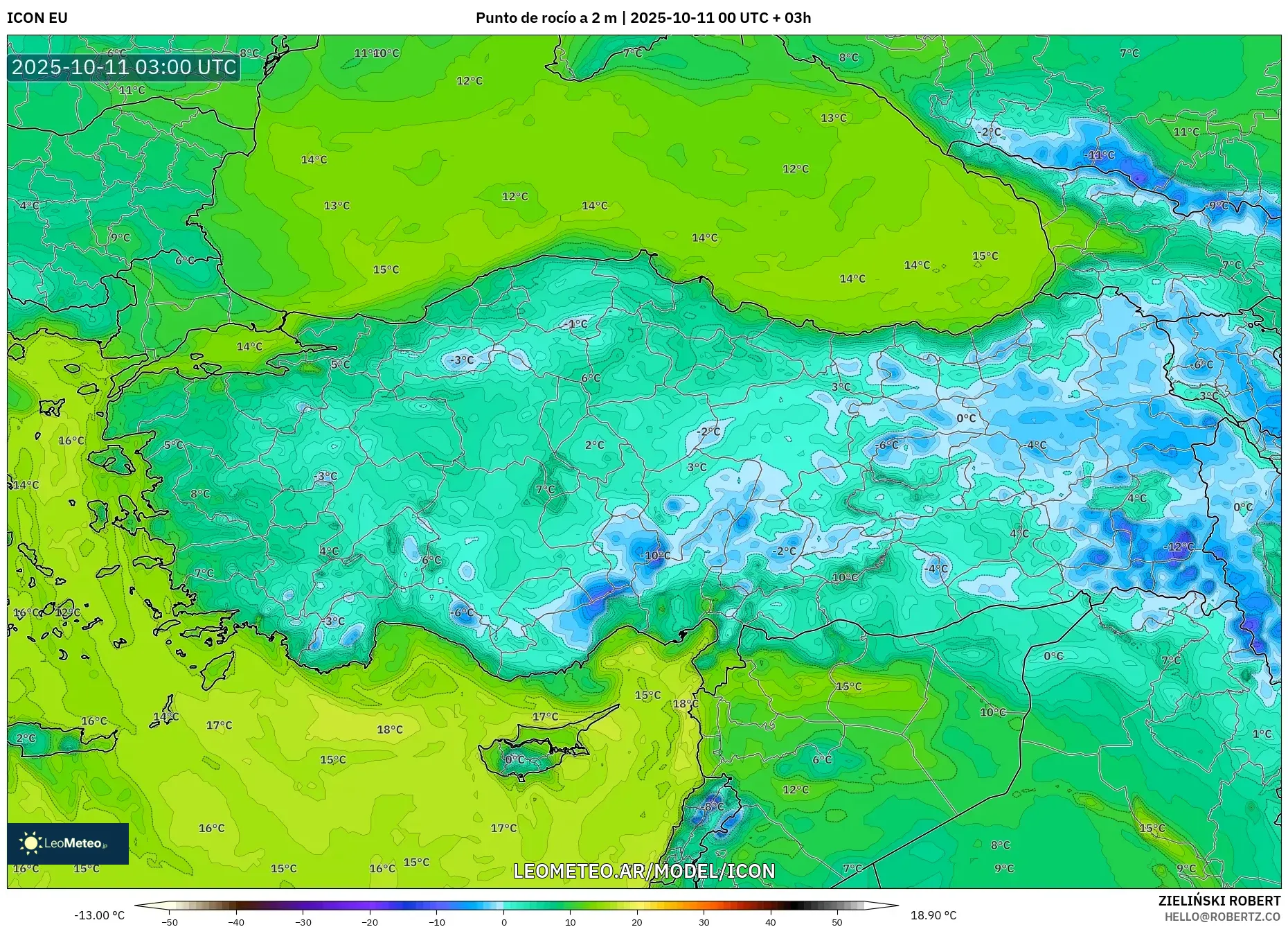 ICON model - Turquía, Punto de rocío a 2 m ICON model - Turquía, Punto de rocío a 2 m