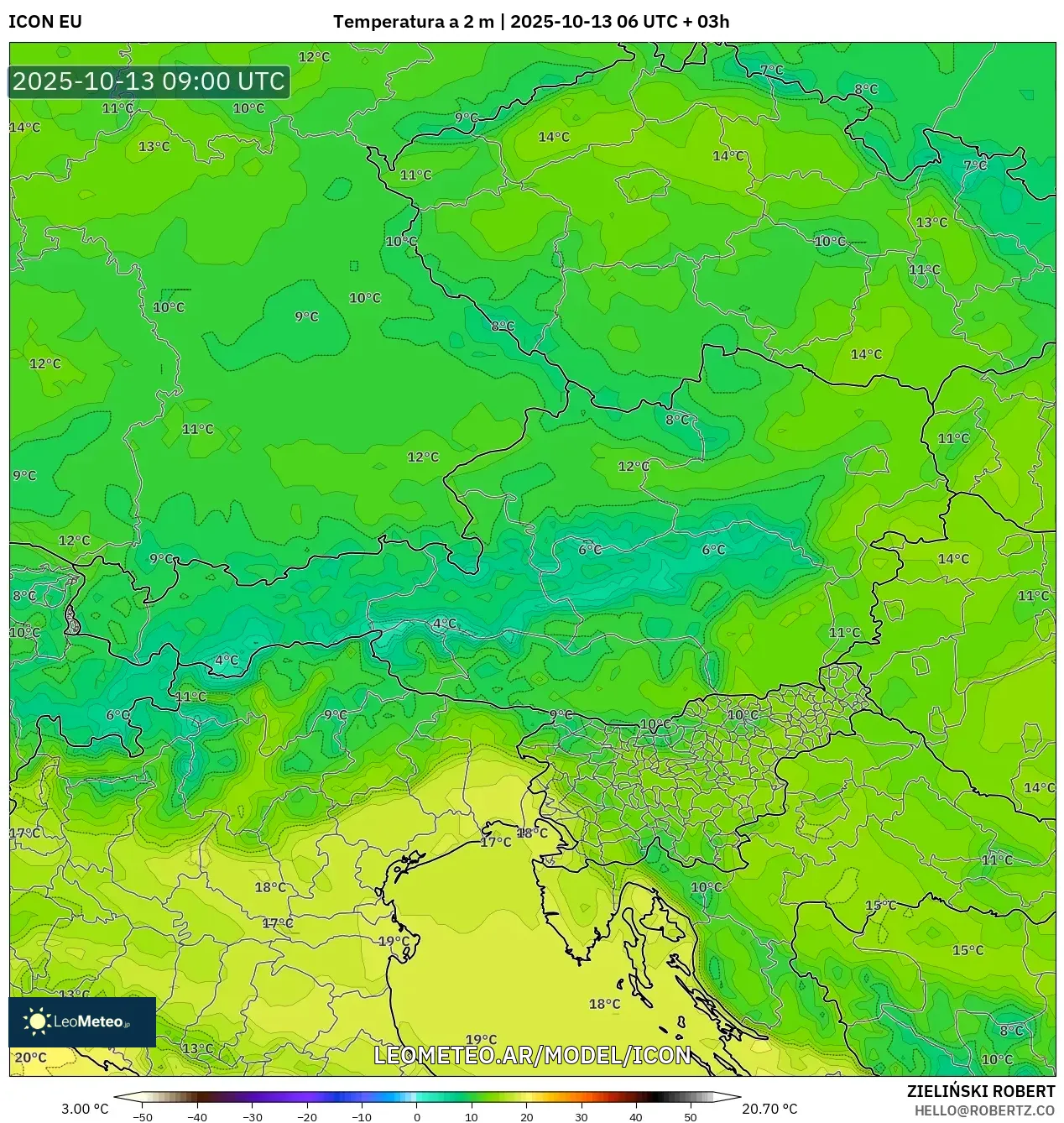 ICON model - Austria, Temperatura a 2 m ICON model - Austria, Temperatura a 2 m