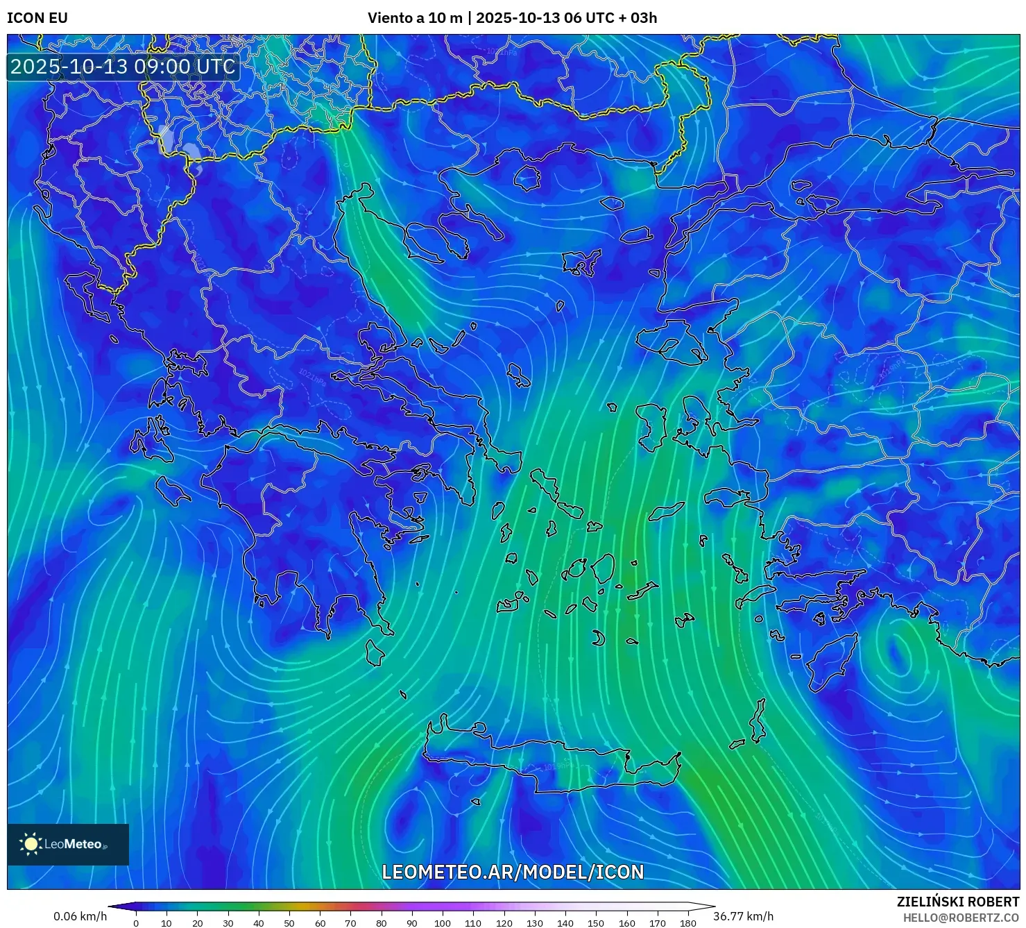 ICON model - Grecia, Viento a 10 m