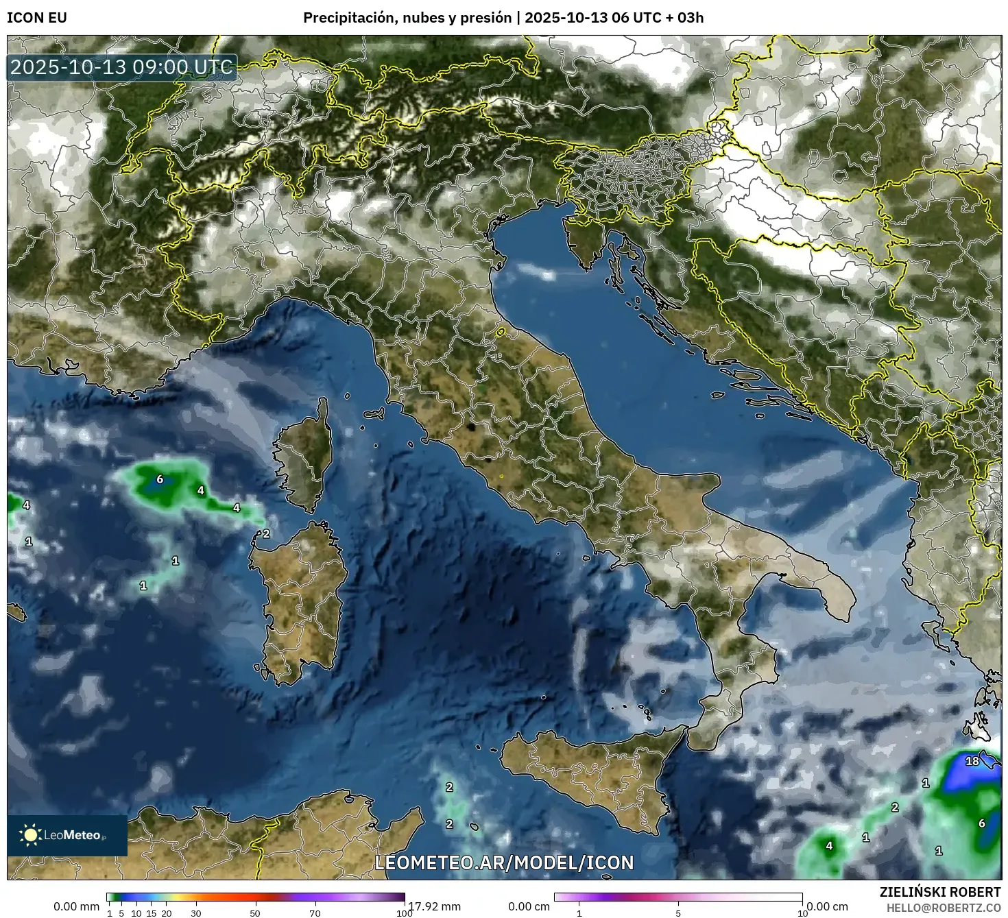 ICON model - Italia, Precipitación, nubes y presión