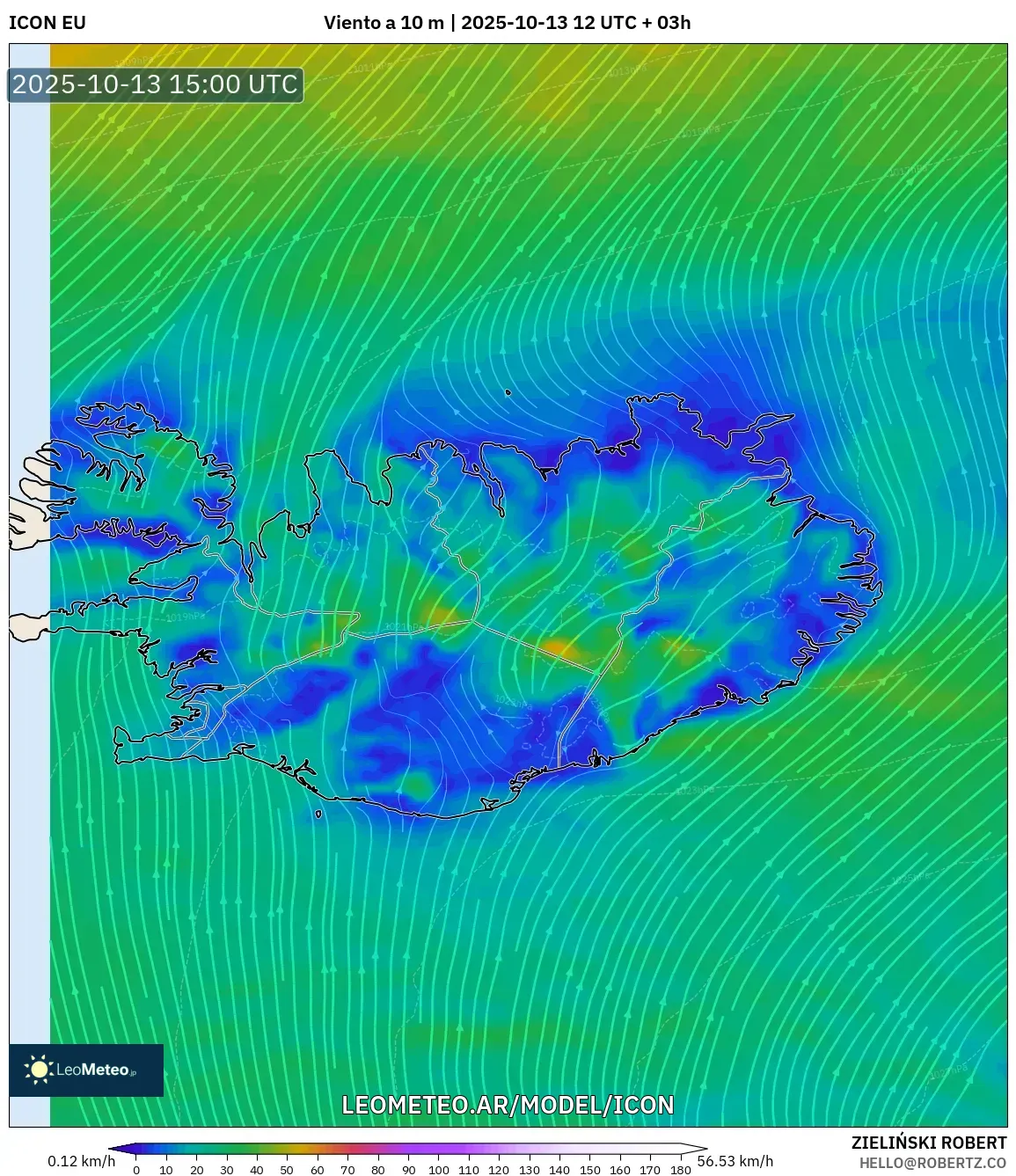 ICON model - Islandia, Viento a 10 m ICON model - Islandia, Viento a 10 m