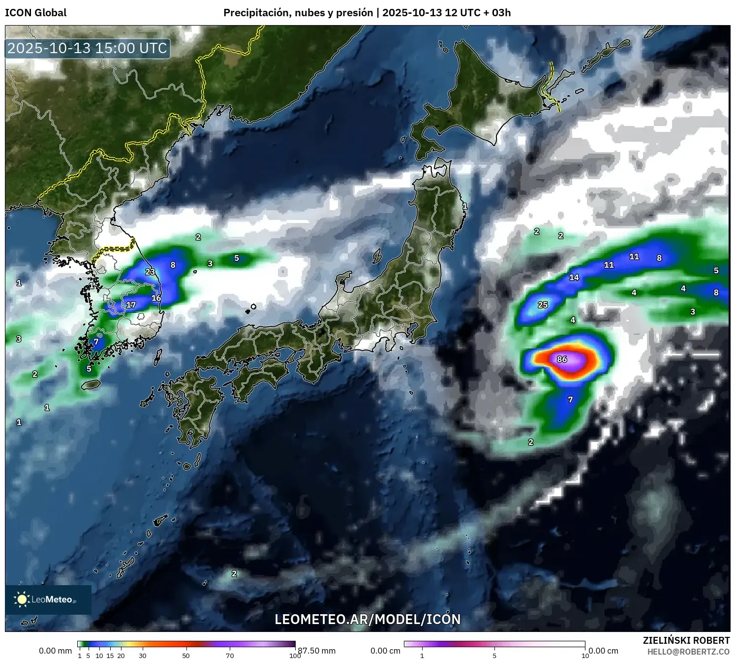 ICON model - Japón, Precipitación, nubes y presión ICON model - Japón, Precipitación, nubes y presión