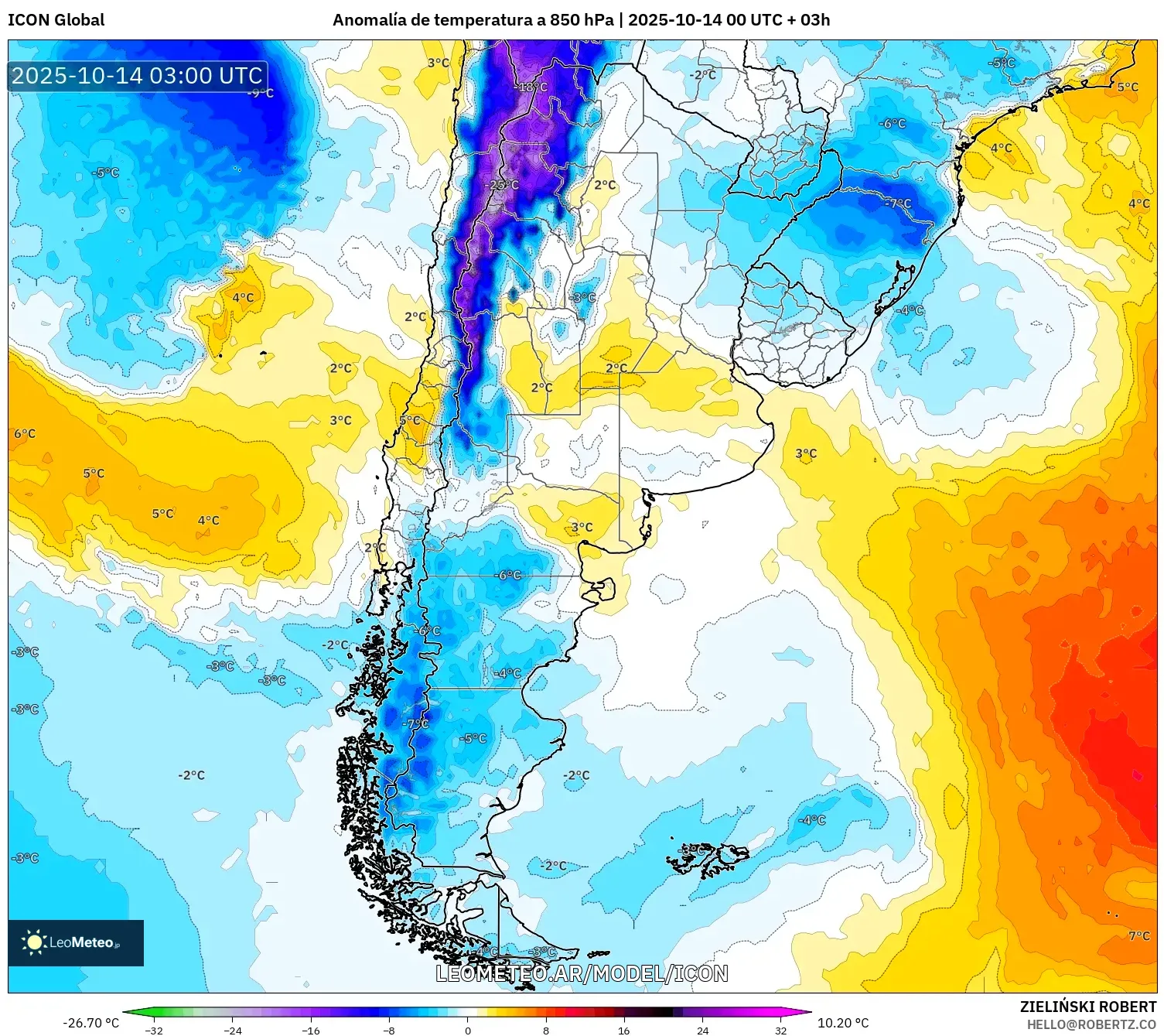 ICON model - Argentina, Anomalía de temperatura a 850 hPa ICON model - Argentina, Anomalía de temperatura a 850 hPa