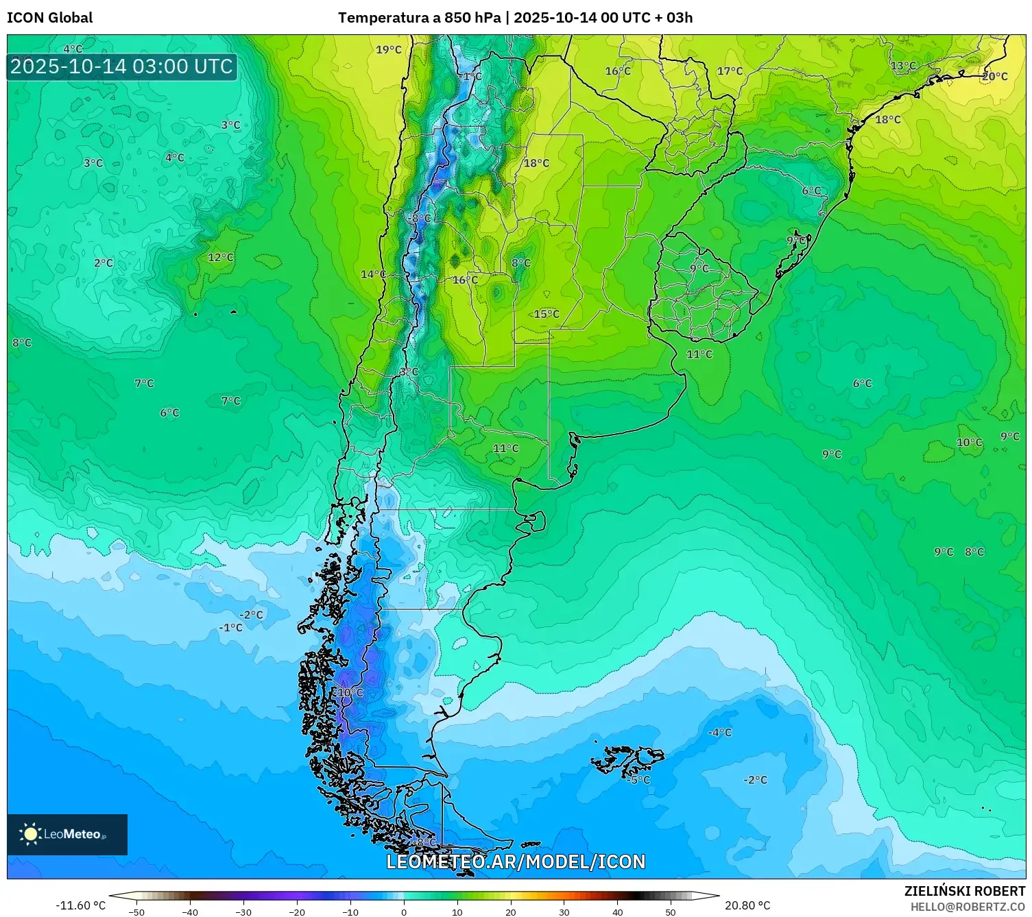 ICON model - Argentina, Temperatura a 850 hPa ICON model - Argentina, Temperatura a 850 hPa