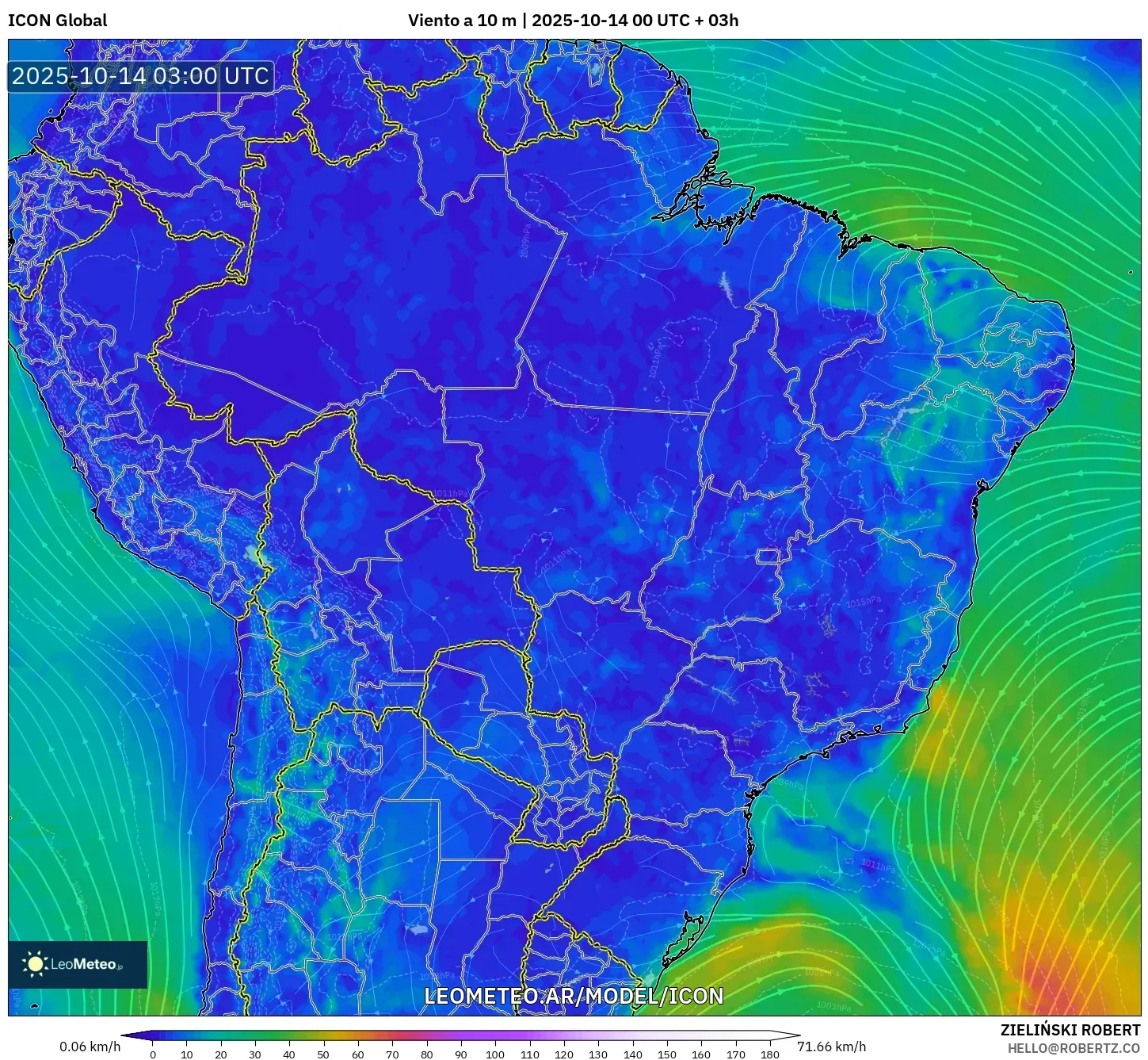ICON model - Brasil, Viento a 10 m ICON model - Brasil, Viento a 10 m