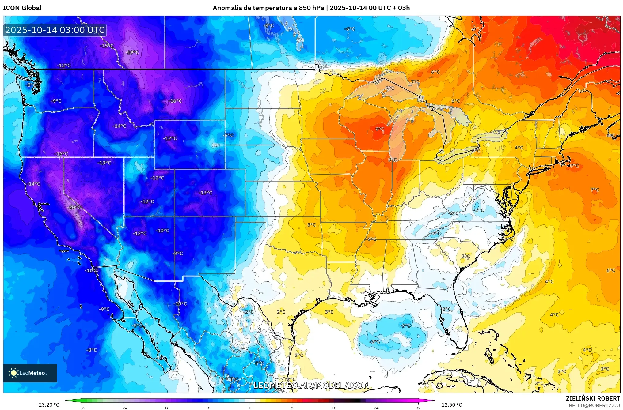 ICON model - Estados Unidos, Anomalía de temperatura a 850 hPa ICON model - Estados Unidos, Anomalía de temperatura a 850 hPa