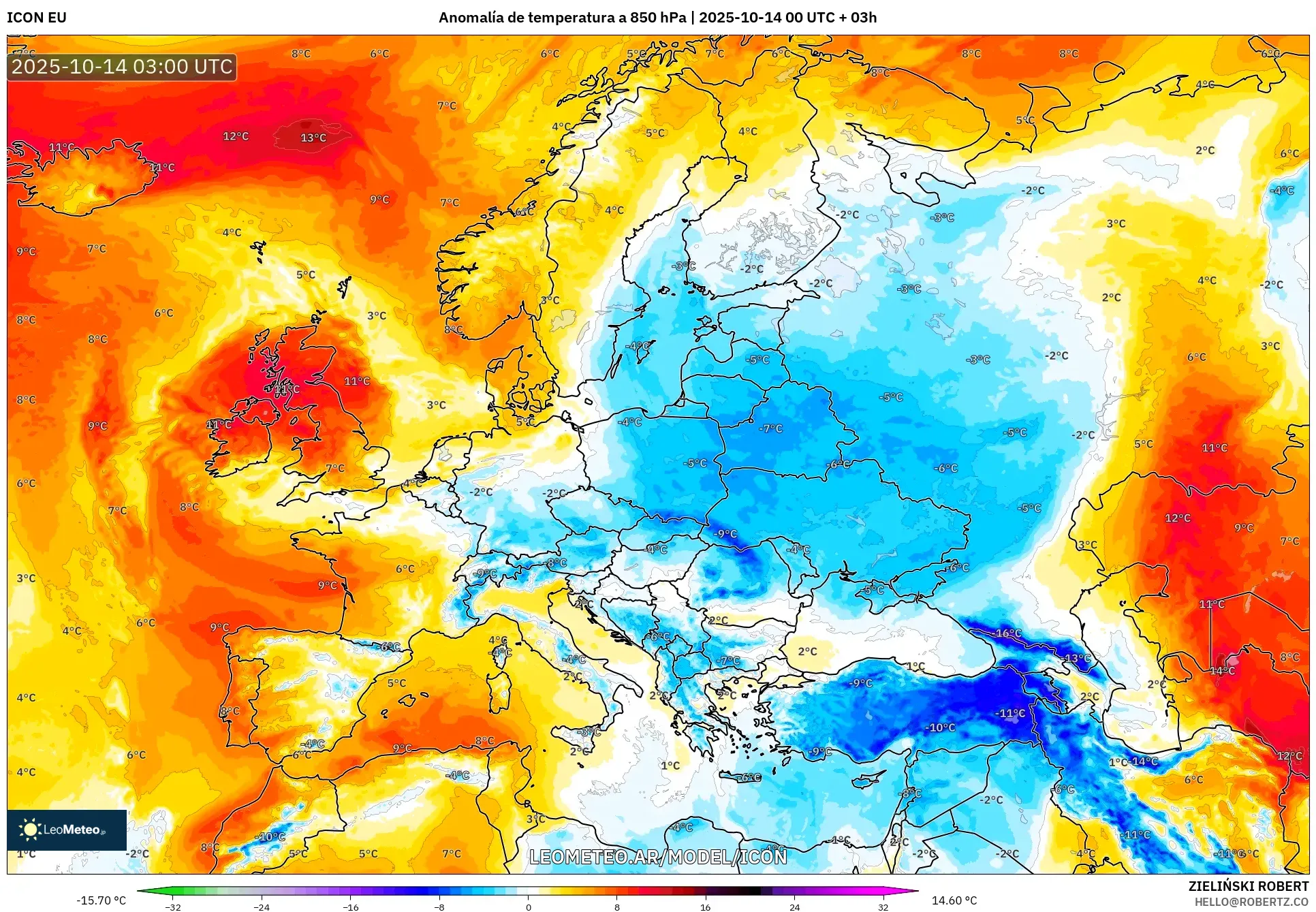 ICON model - Europa, Anomalía de temperatura a 850 hPa ICON model - Europa, Anomalía de temperatura a 850 hPa