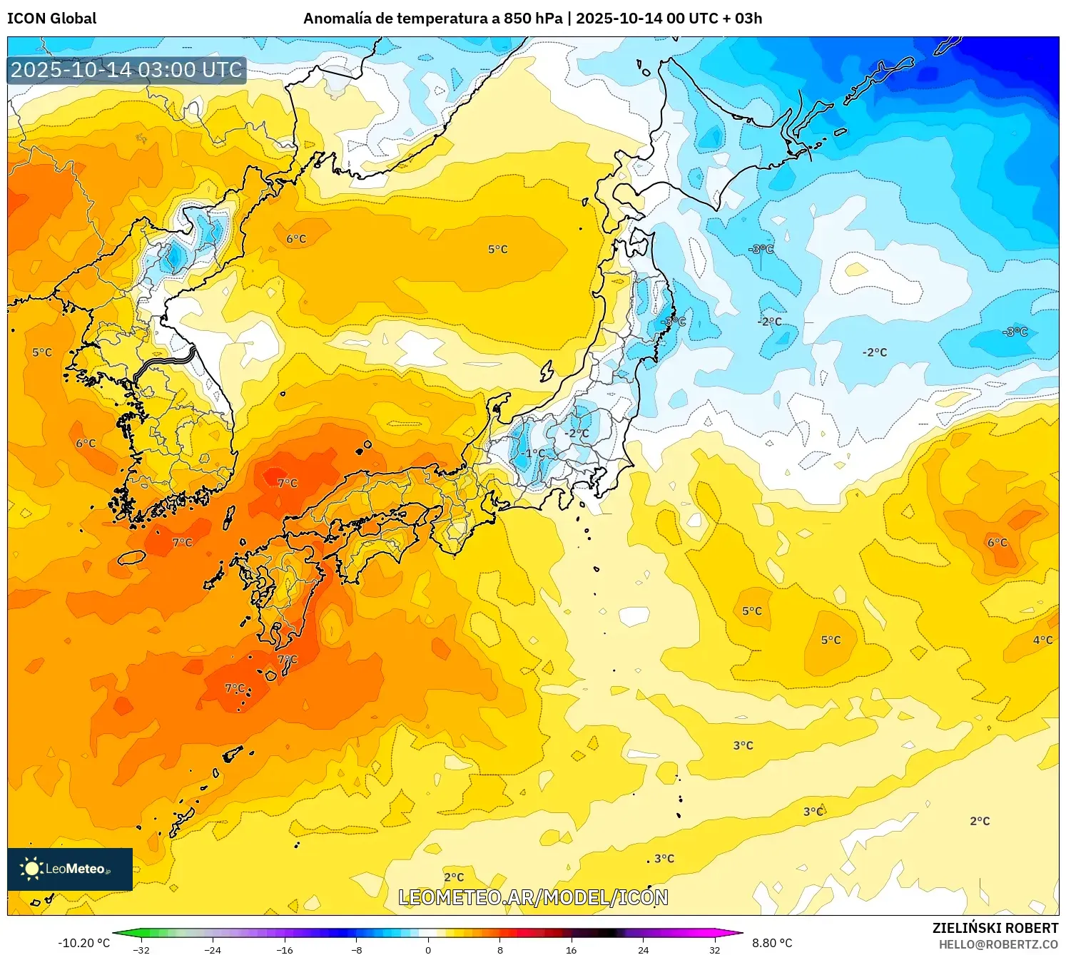 ICON model - Japón, Anomalía de temperatura a 850 hPa ICON model - Japón, Anomalía de temperatura a 850 hPa
