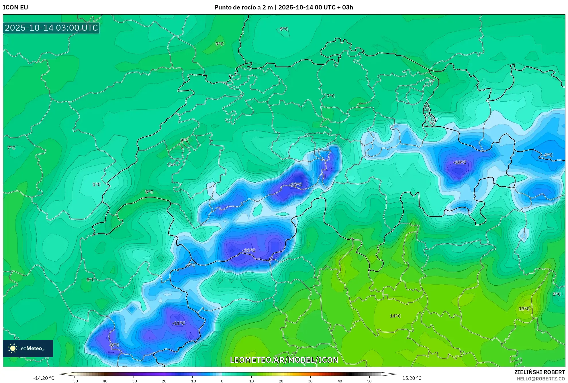 ICON model - Suiza, Punto de rocío a 2 m ICON model - Suiza, Punto de rocío a 2 m