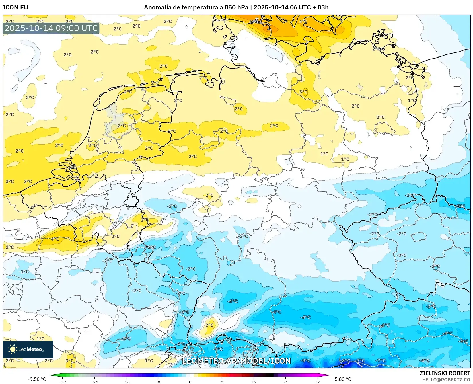 ICON model - Alemania, Anomalía de temperatura a 850 hPa ICON model - Alemania, Anomalía de temperatura a 850 hPa