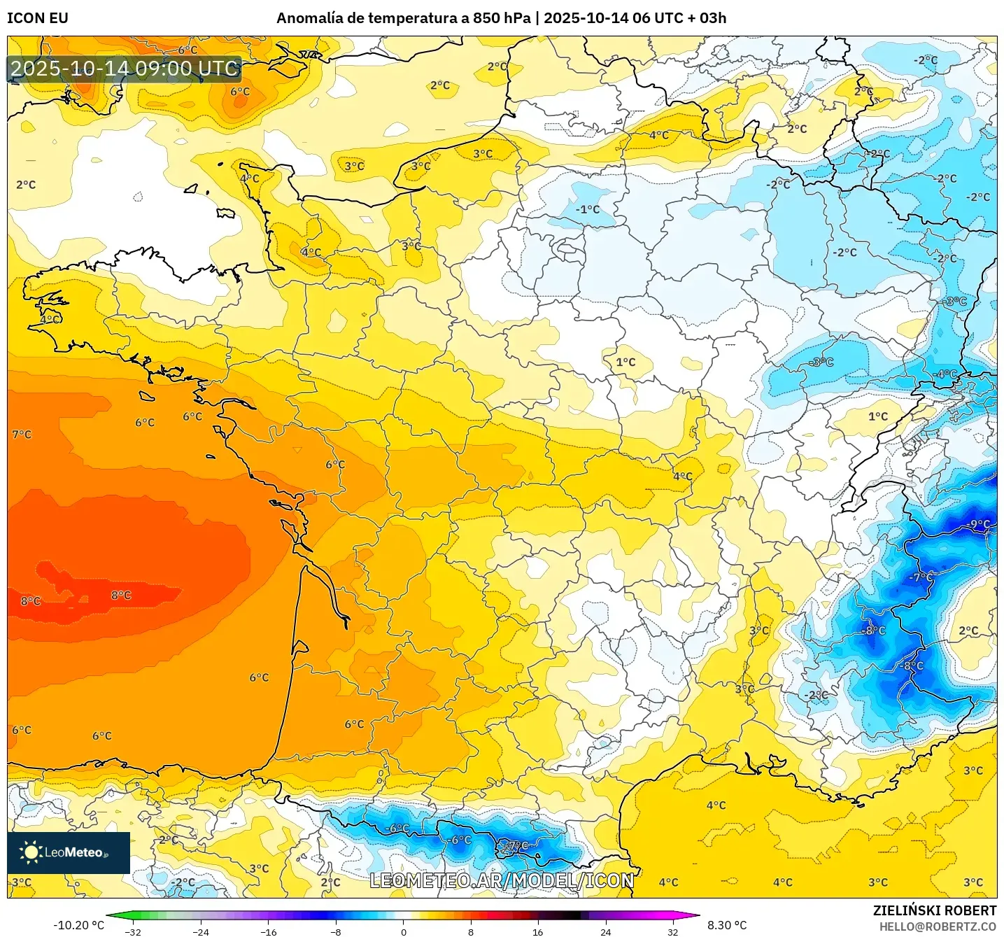 ICON model - Francia, Anomalía de temperatura a 850 hPa ICON model - Francia, Anomalía de temperatura a 850 hPa