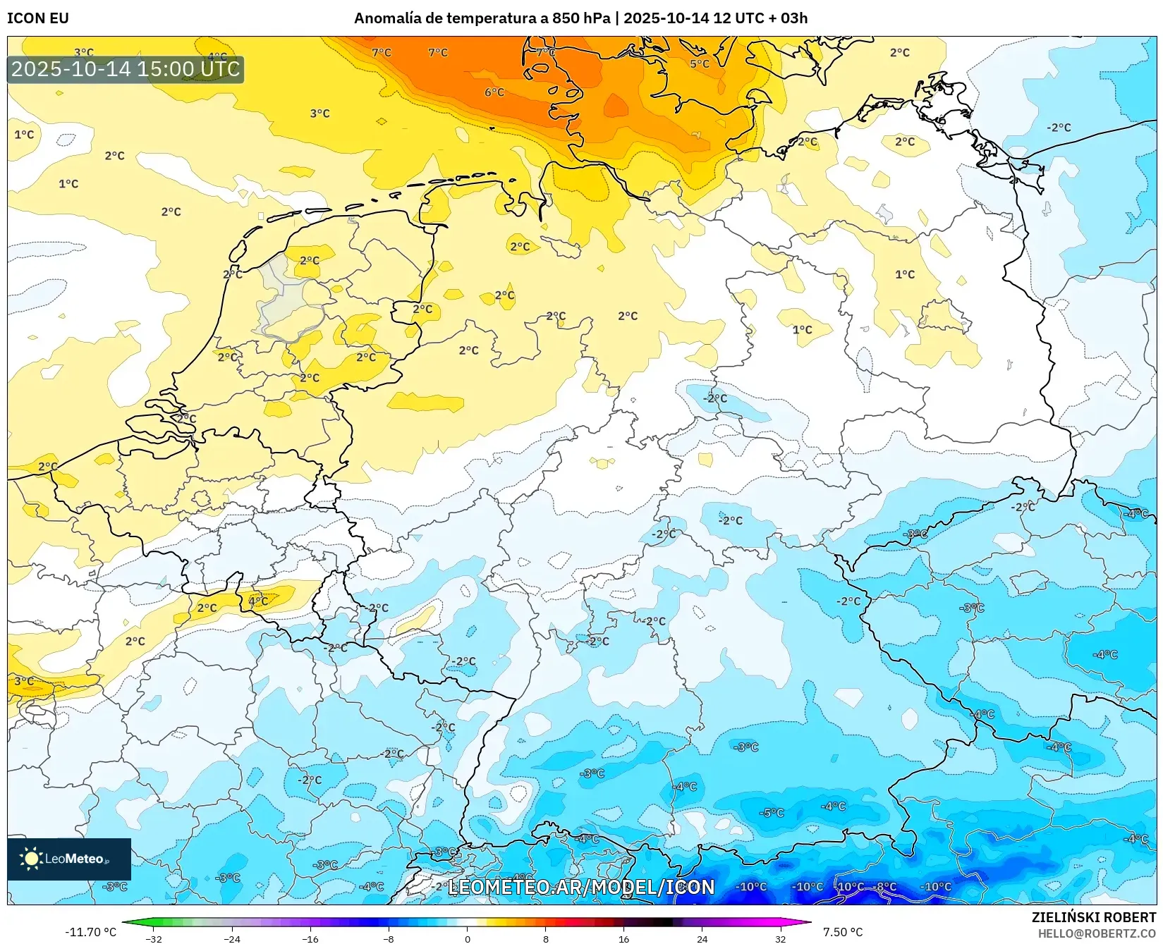ICON model - Alemania, Anomalía de temperatura a 850 hPa ICON model - Alemania, Anomalía de temperatura a 850 hPa