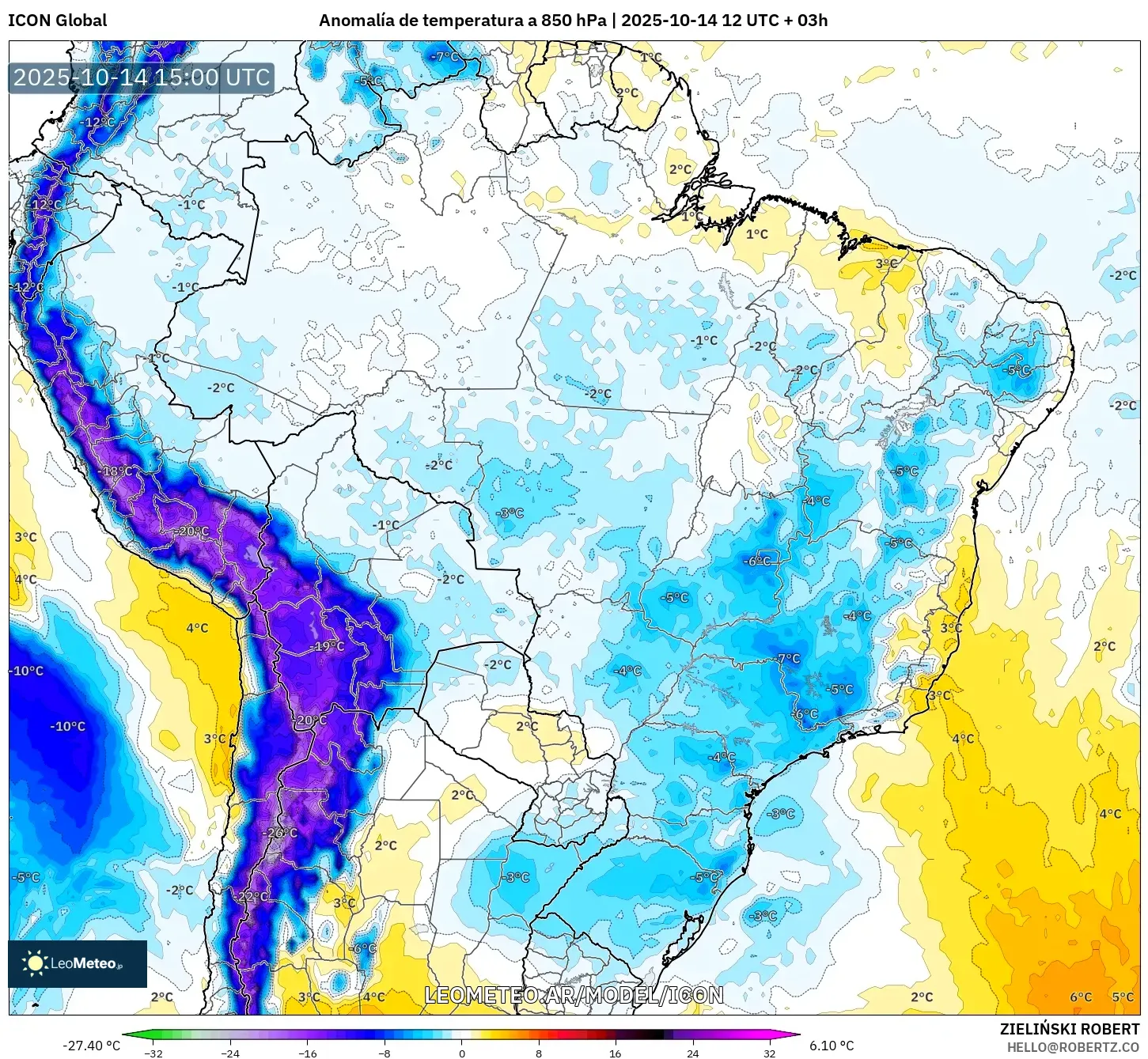 ICON model - Brasil, Anomalía de temperatura a 850 hPa ICON model - Brasil, Anomalía de temperatura a 850 hPa