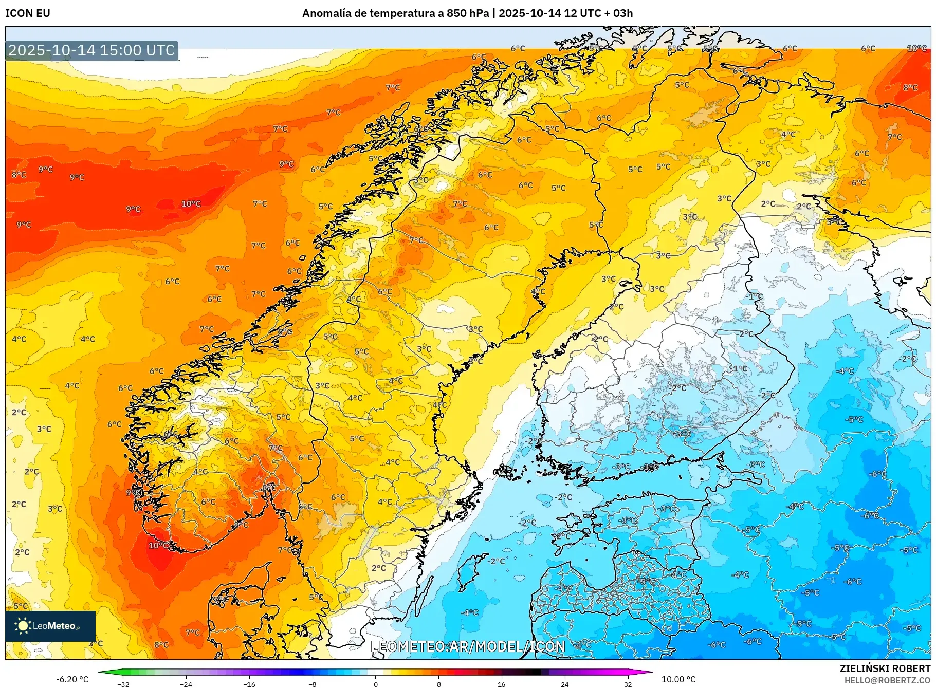 ICON model - Escandinavia, Anomalía de temperatura a 850 hPa