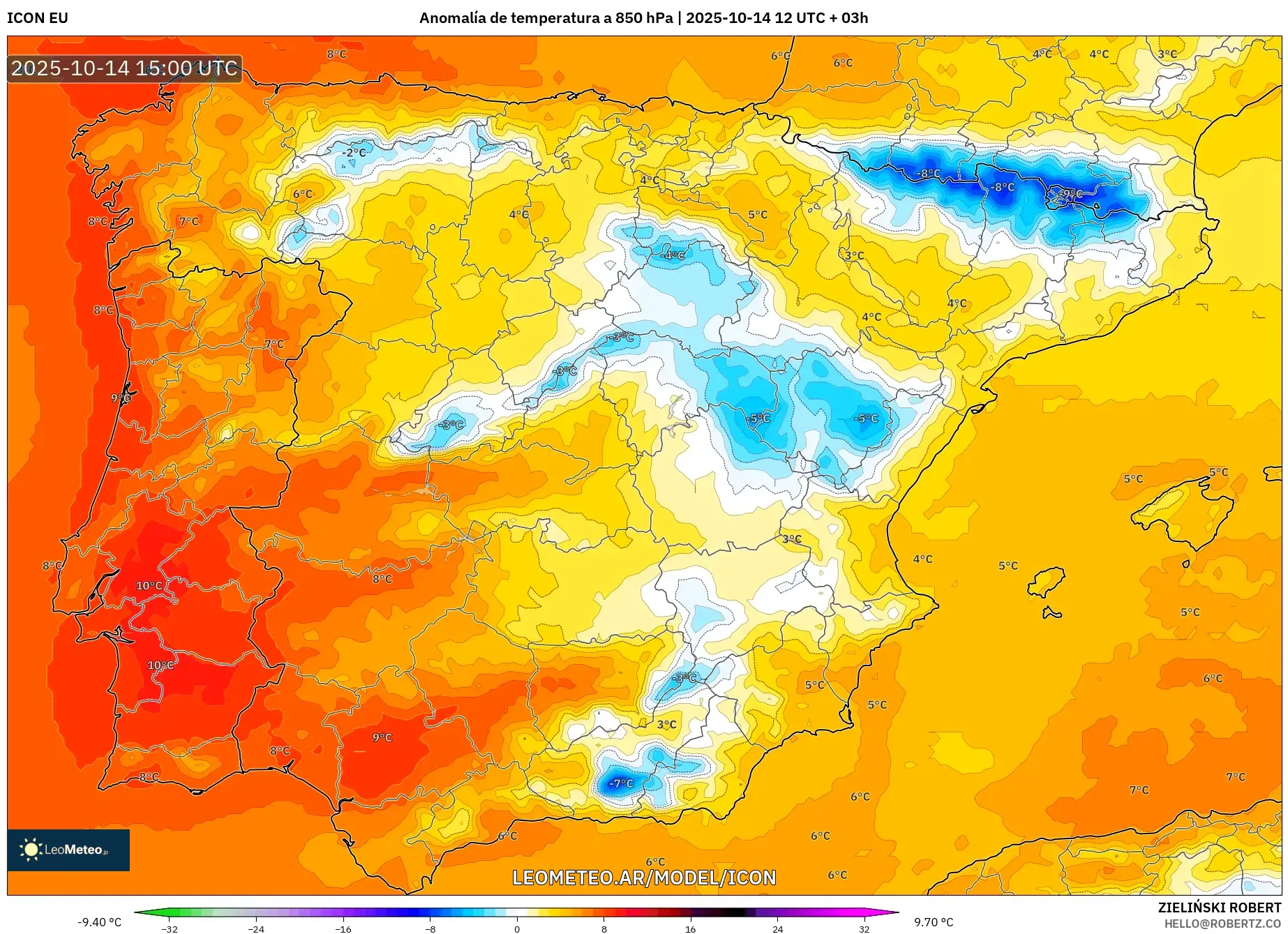 ICON model - España, Anomalía de temperatura a 850 hPa ICON model - España, Anomalía de temperatura a 850 hPa