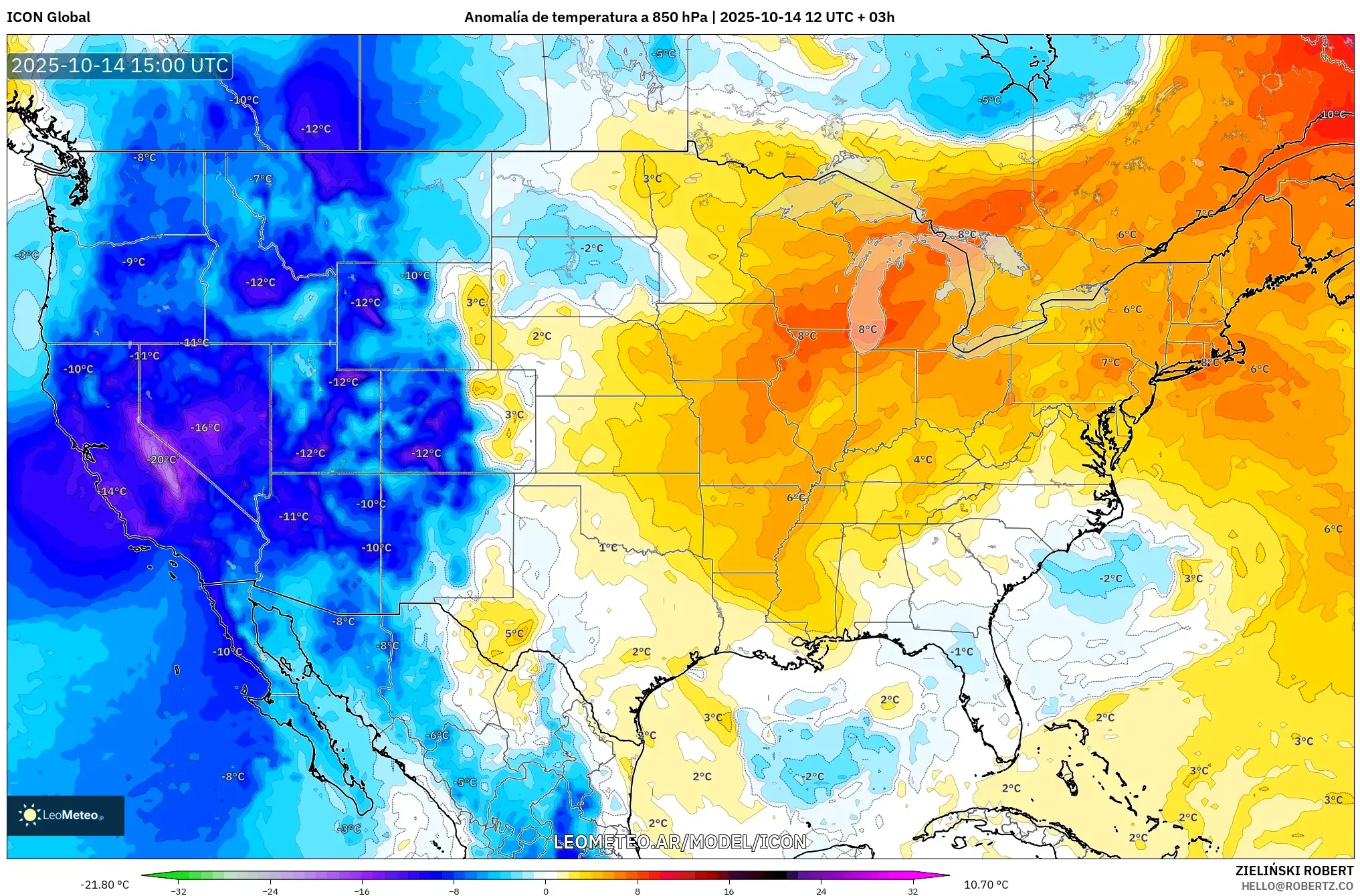 ICON model - Estados Unidos, Anomalía de temperatura a 850 hPa ICON model - Estados Unidos, Anomalía de temperatura a 850 hPa