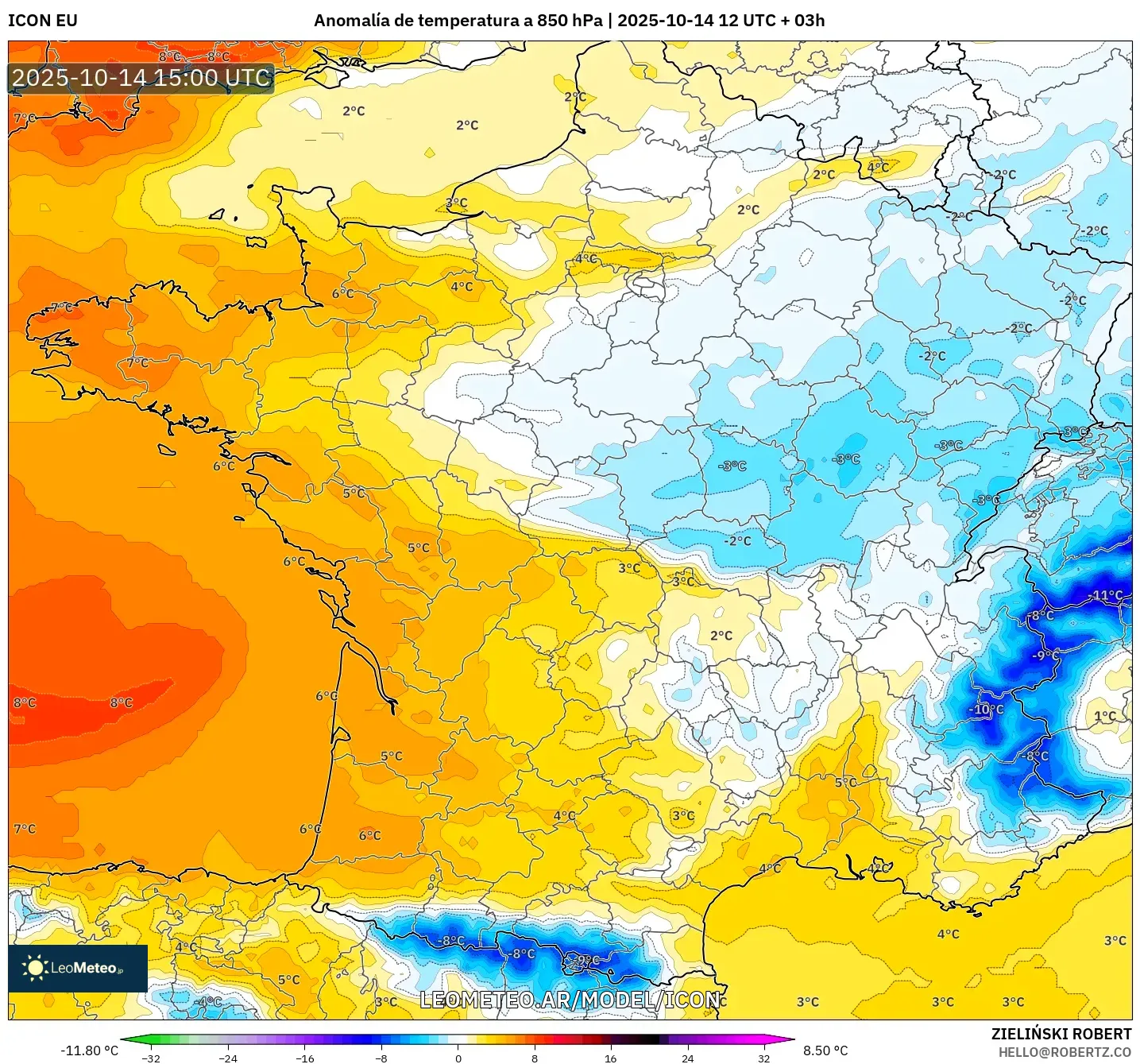 ICON model - Francia, Anomalía de temperatura a 850 hPa ICON model - Francia, Anomalía de temperatura a 850 hPa